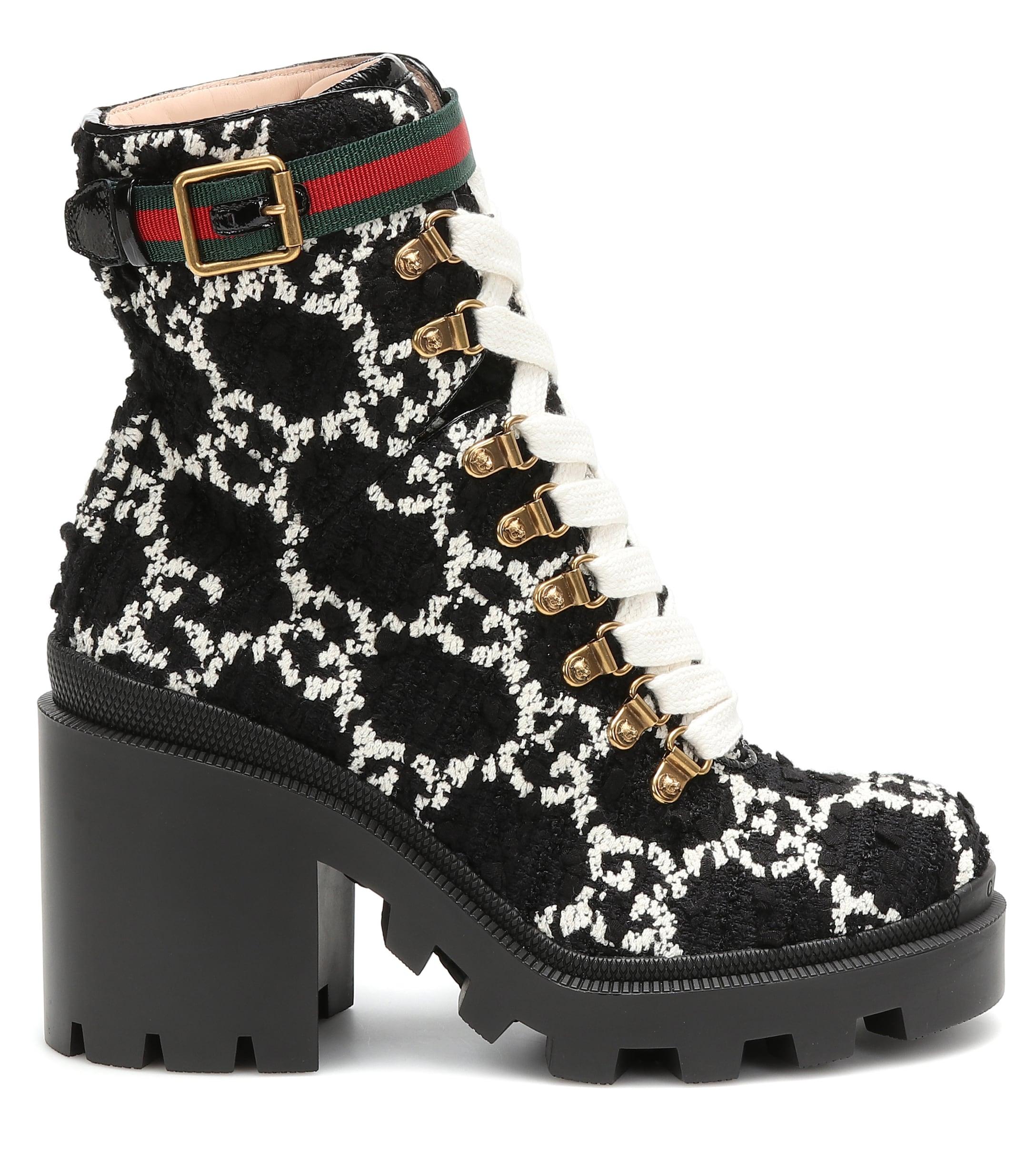 Gucci Leather GG Heeled Tweed Ankle Boots in Black - Lyst