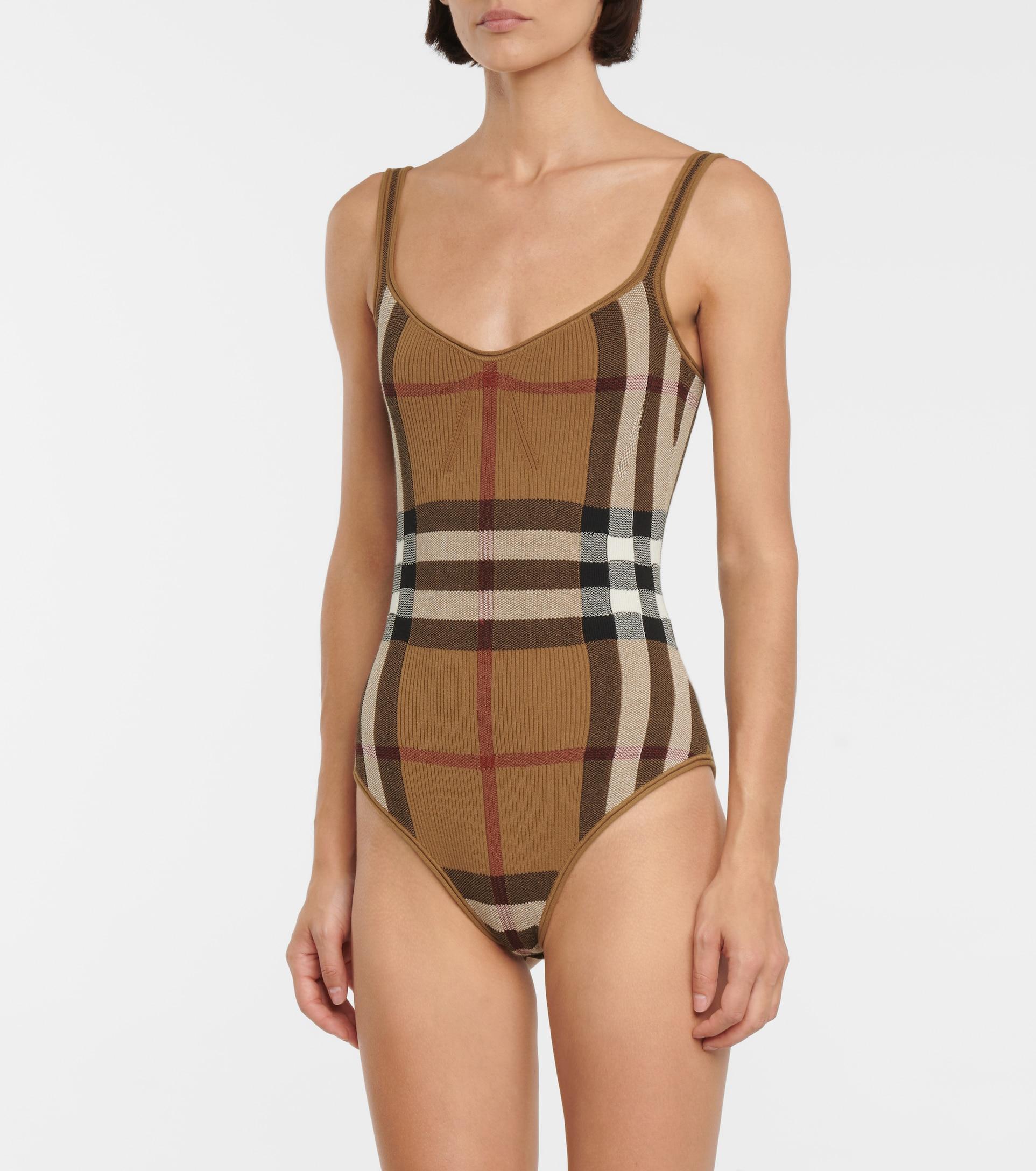 Burberry Checked Cotton-blend Bodysuit in Brown | Lyst
