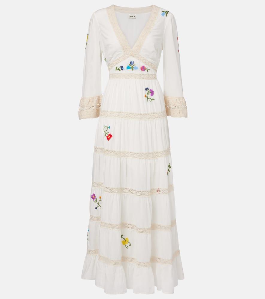 rixo regine floral embroidered tiered maxi dress RIXO London Regine Embroidered Tiered Cotton Maxi Dress in Natural