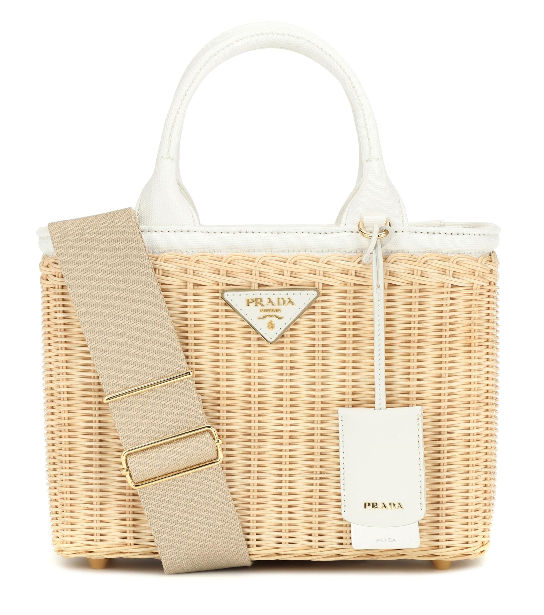 Prada Wicker And Canvas Bag in Natural | Lyst