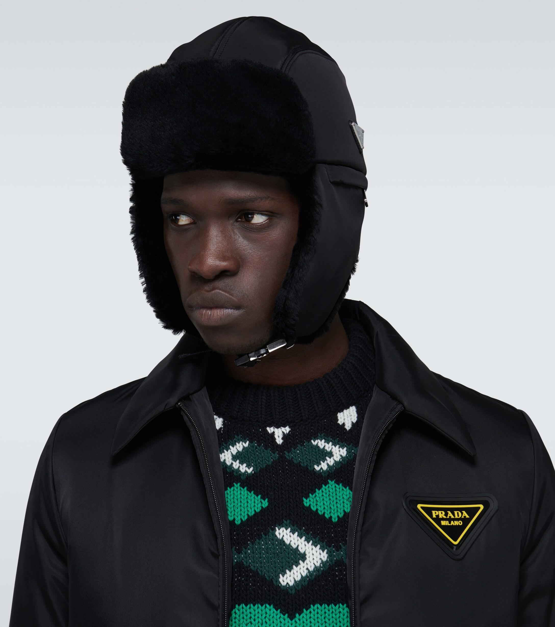 Prada Nylon Aviator Hat With Shearling in Black for Men | Lyst UK