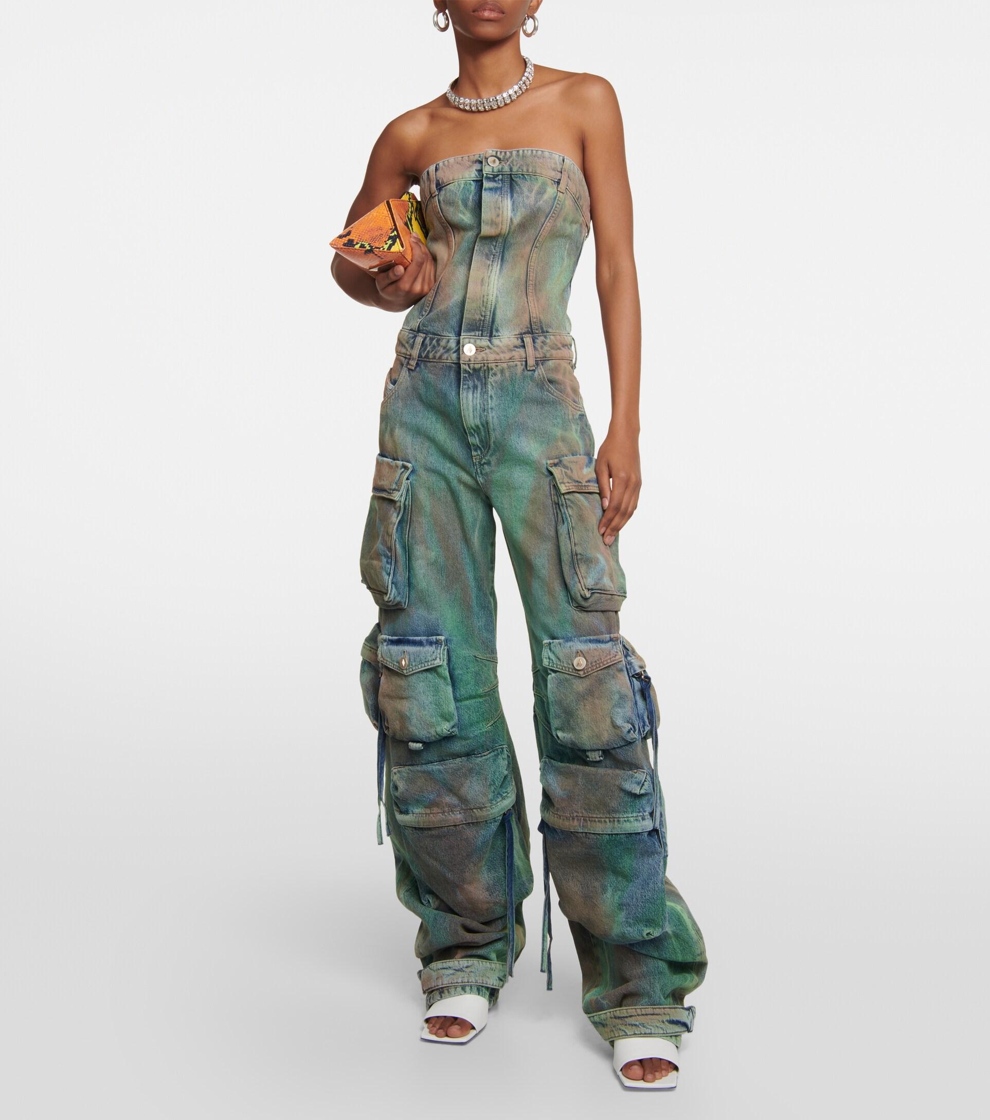 The Attico Strapless Cargo Denim Jumpsuit in Green | Lyst