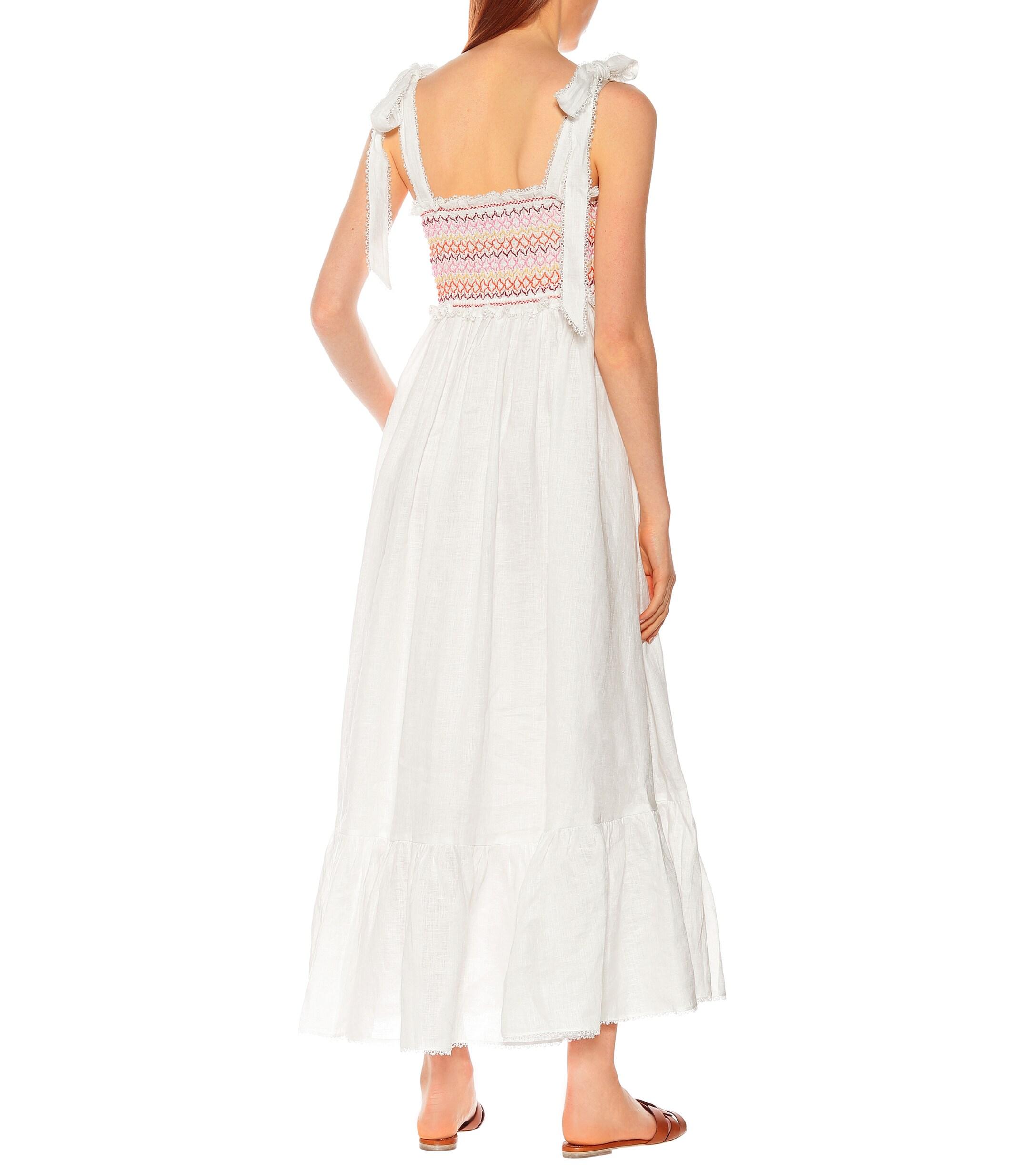 Zimmermann Goldie Embroidered Smocked Linen Maxi Dress in Ivory (White