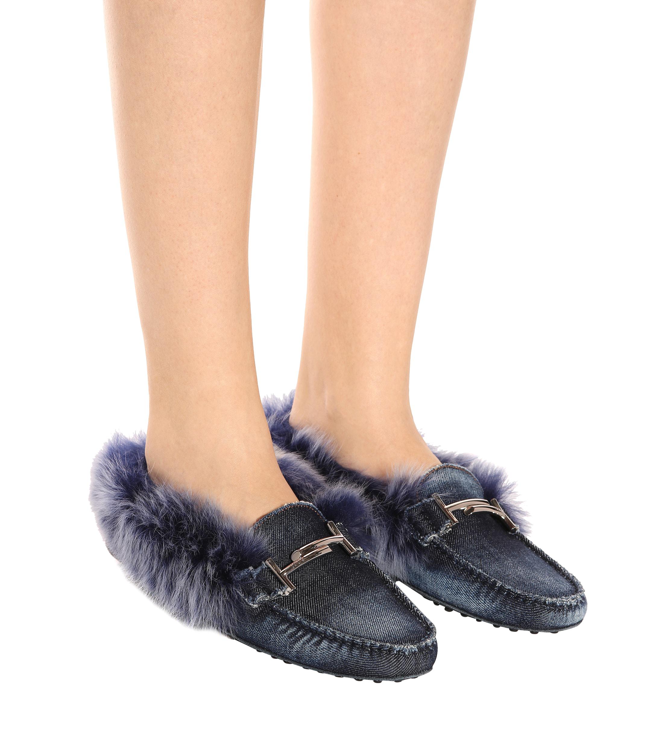 Gommino Fur-lined Denim Loafers in Blue | Lyst