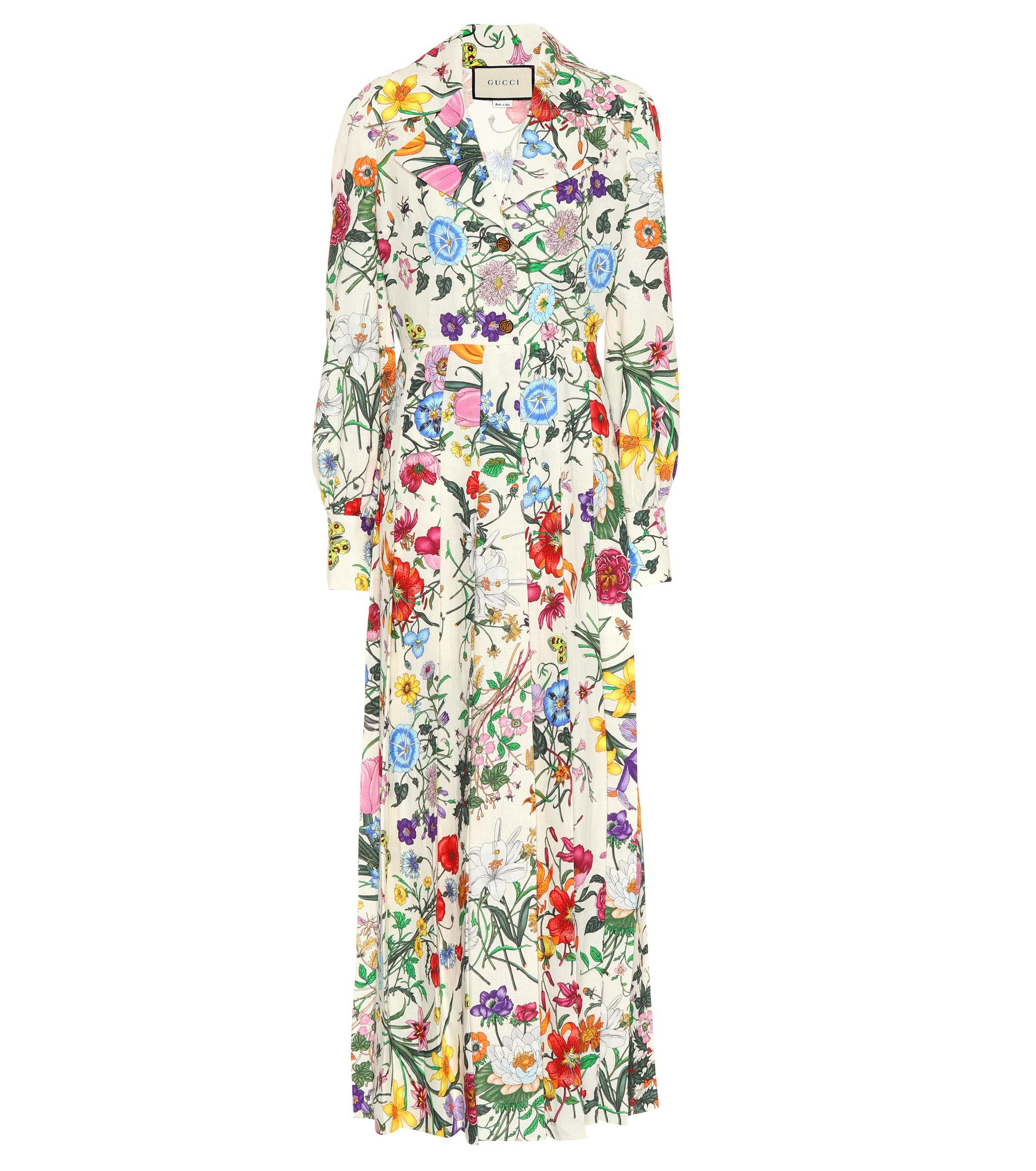 Gucci Floral-printed Linen Dress in Blue - Lyst