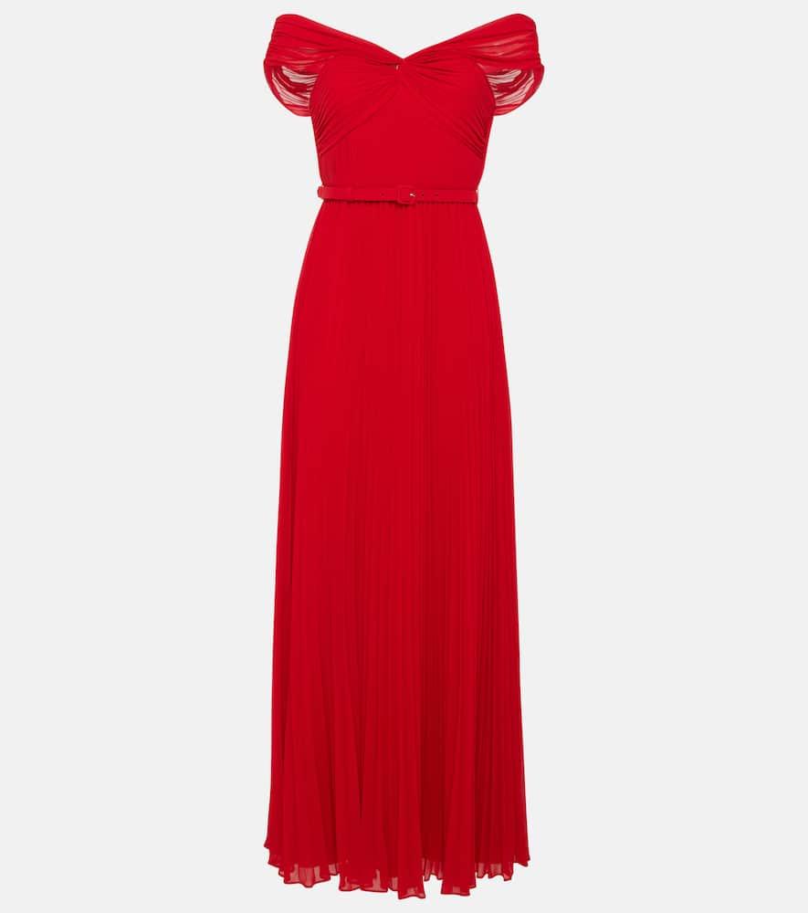 Off-The-Shoulder Chiffon Gown with Tiered Skirt Orange