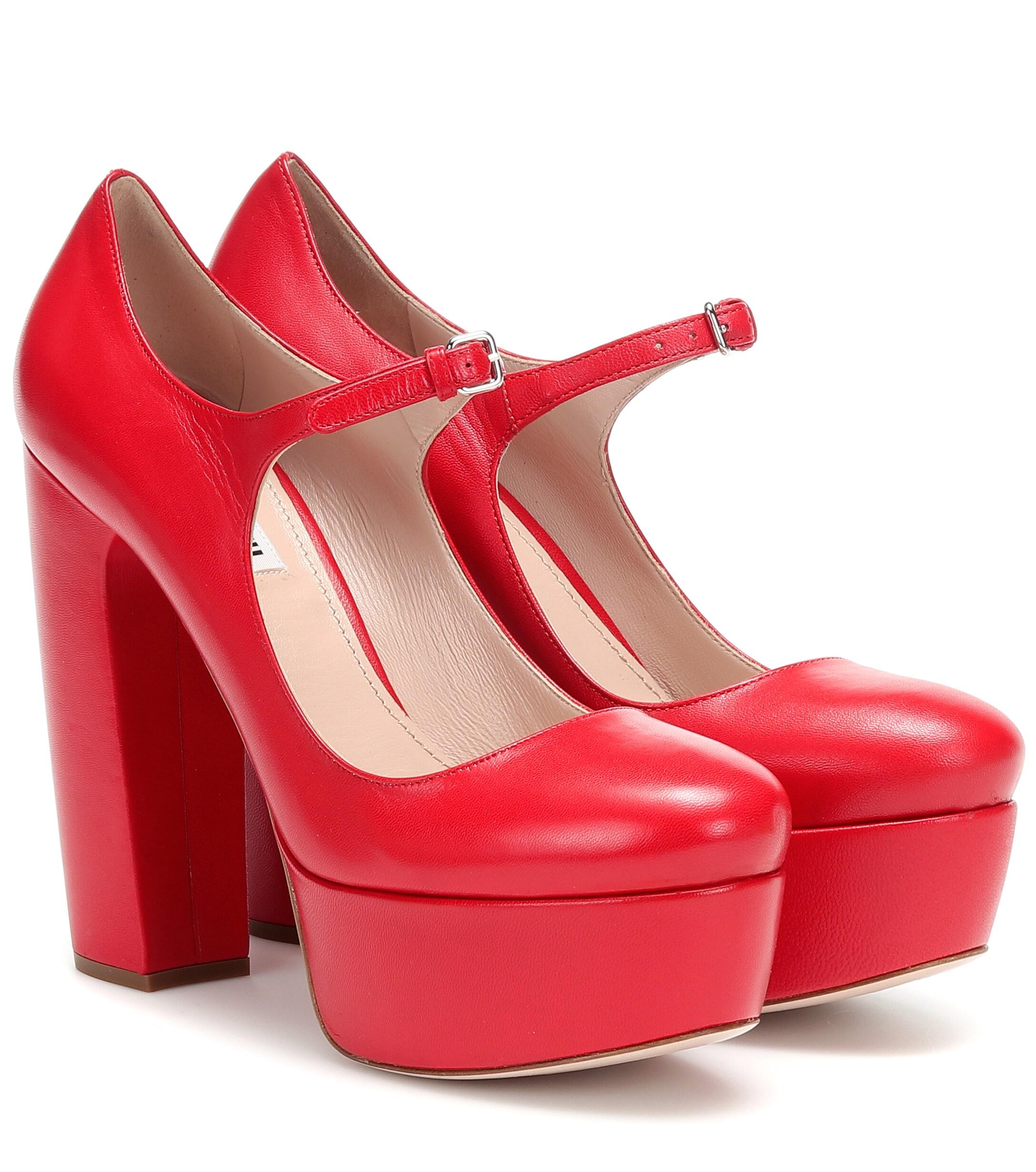 Miu Miu Leather Mary Jane Platform Pumps in Red Lyst