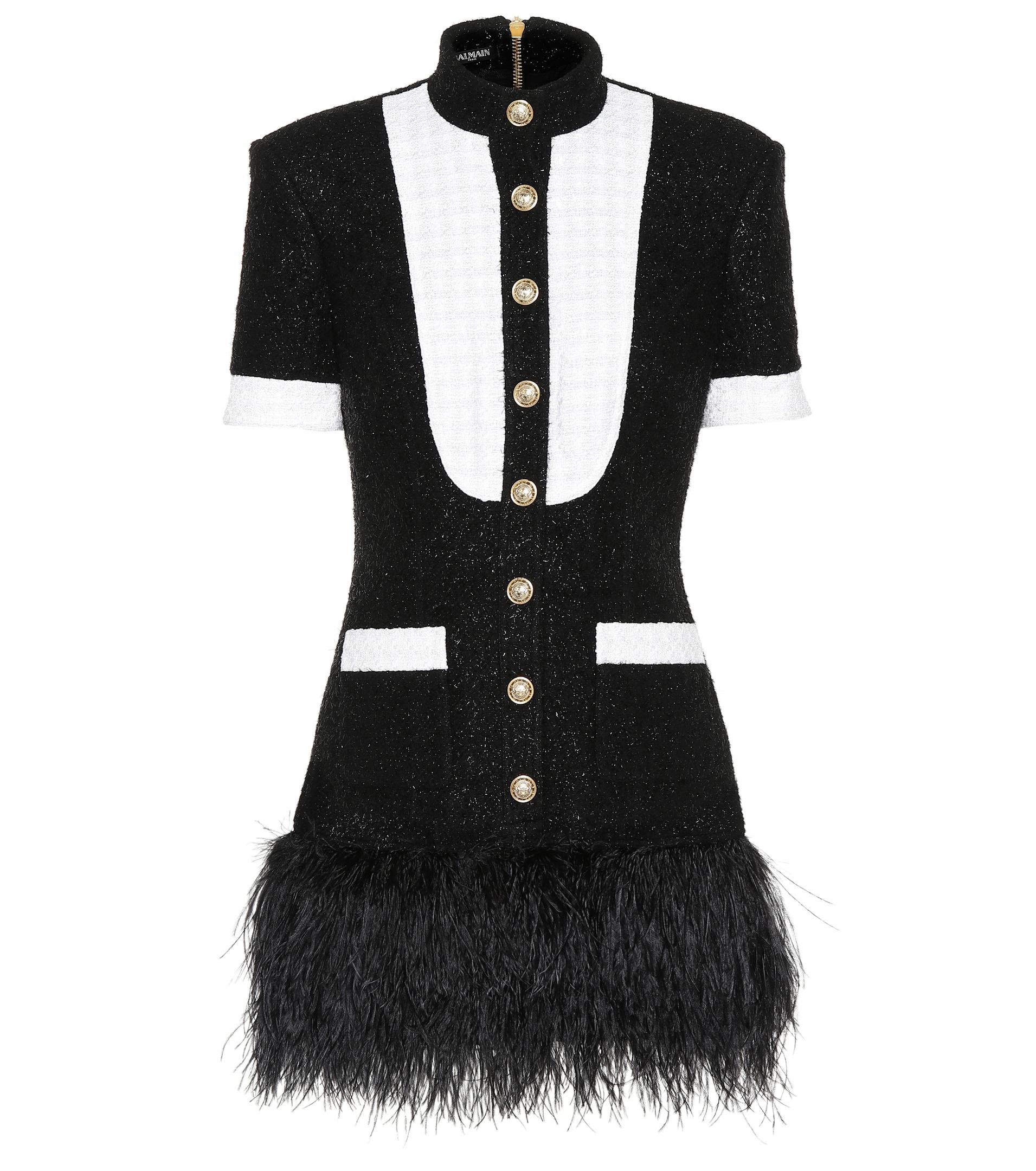 Balmain Metallic Tweed Dress With Ostrich Feathers in Black | Lyst