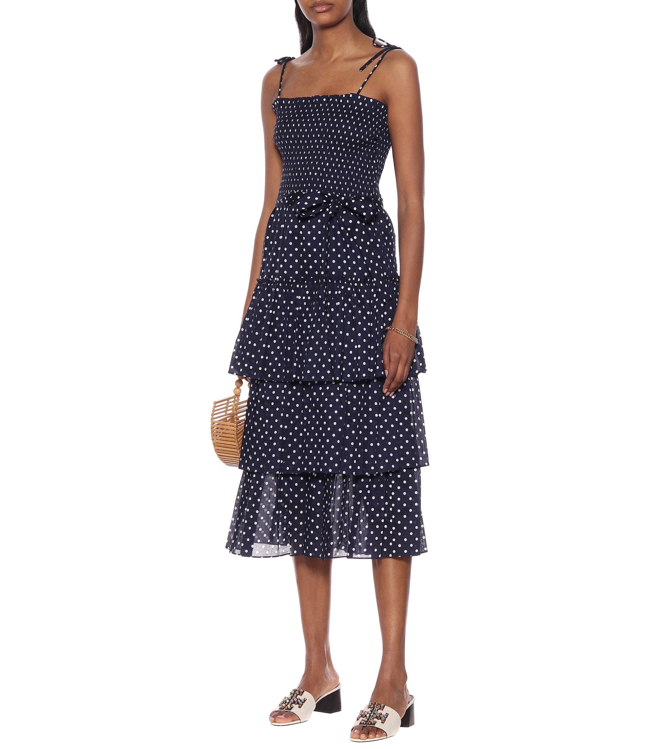 Tory Burch Cotton Smocked Polka Dot Tiered Midi Dress in Blue - Save 60% - Lyst