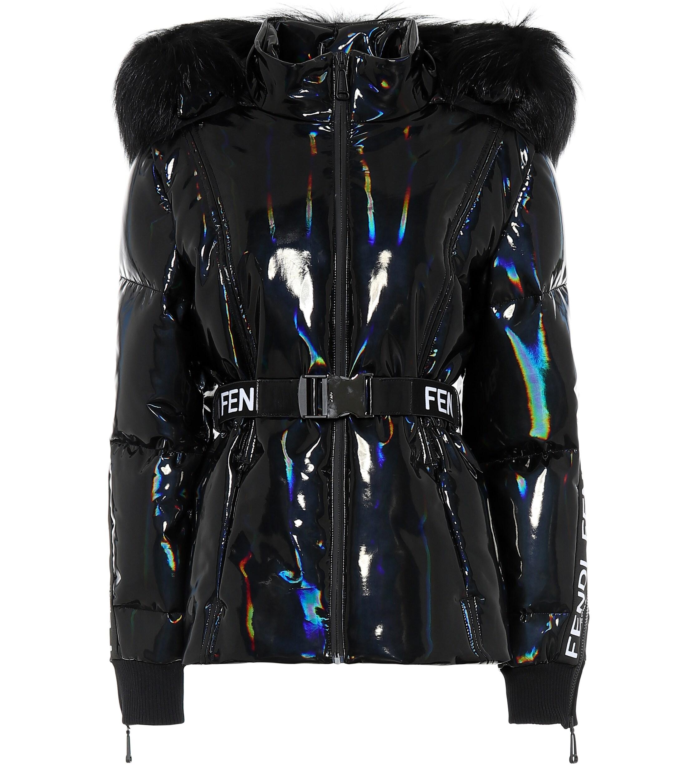 Fendi Holographic Fur-trimmed Down Jacket in Black - Lyst
