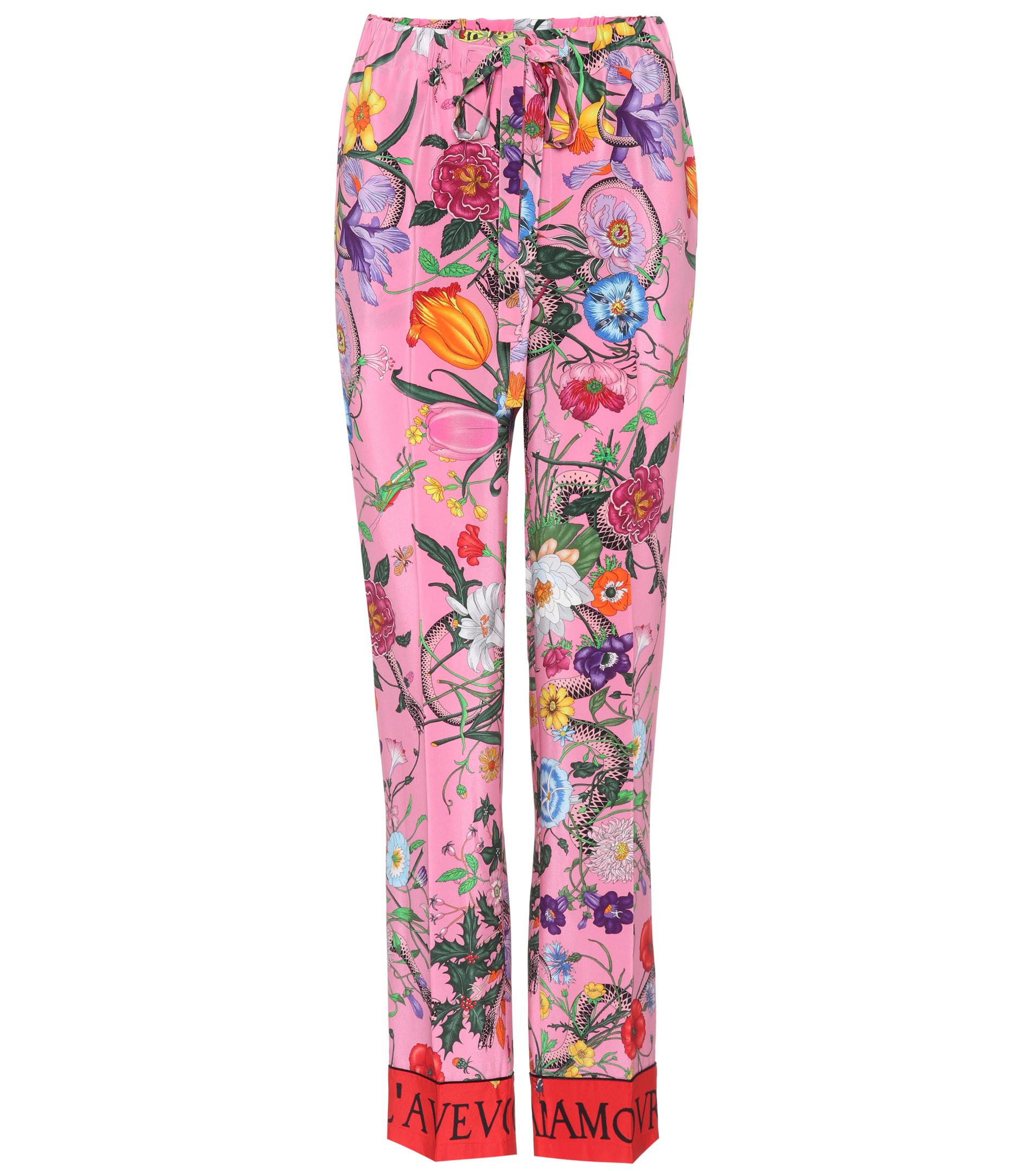 Gucci Printed Silk Trousers in Pink - Lyst