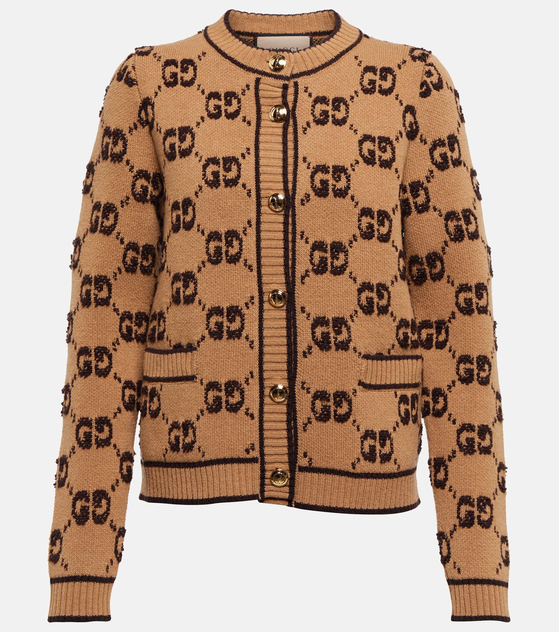 Gucci GG Jacquard Wool Boucle Cardigan in Brown | Lyst