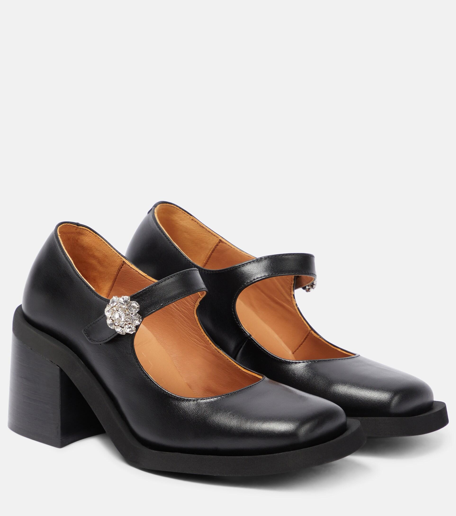 Ganni Embellished Leather Mary Jane Pumps in Black | Lyst