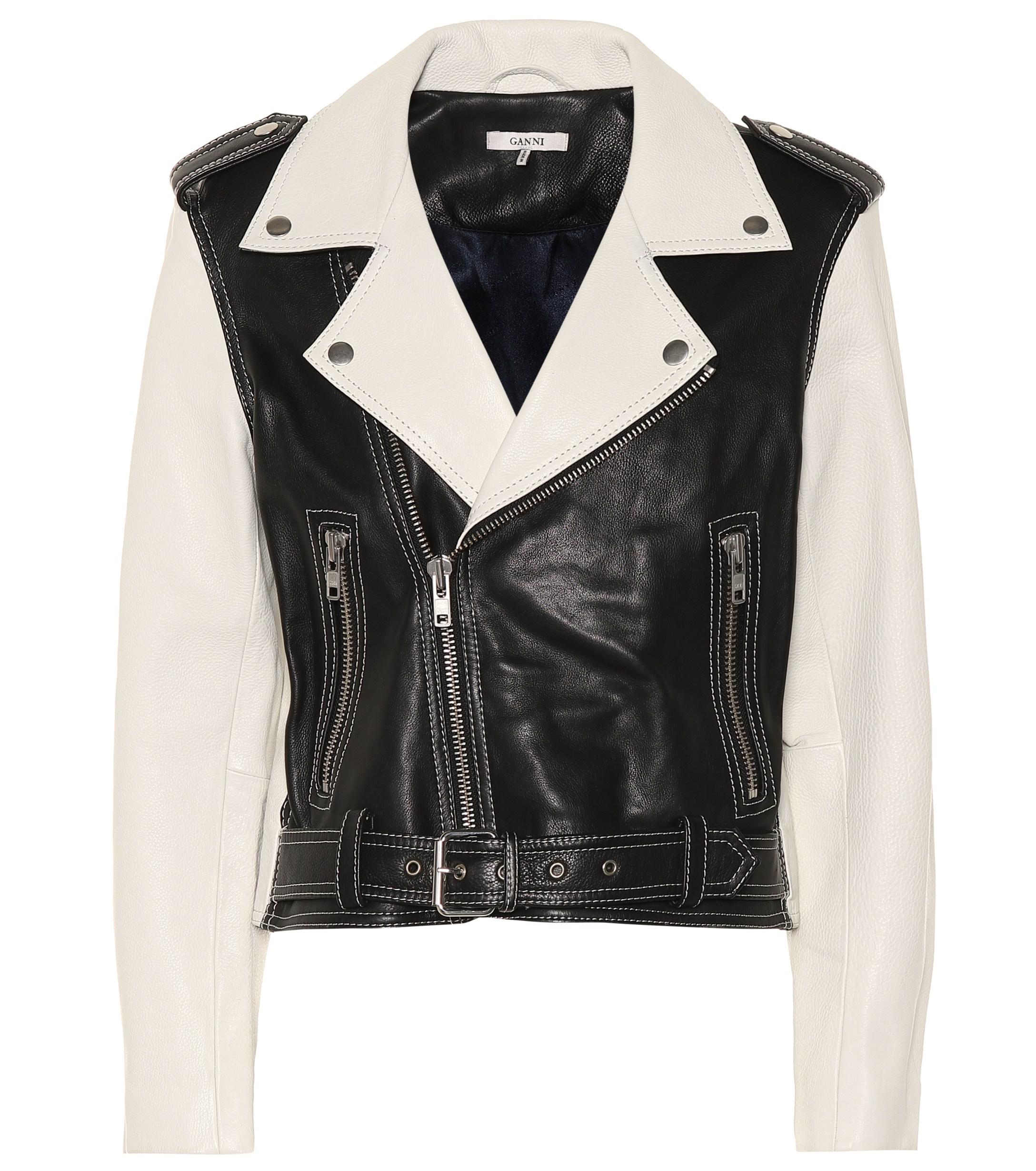 Ganni Heavy Grain Leather Biker Jacket in Black,White (Black) - Lyst