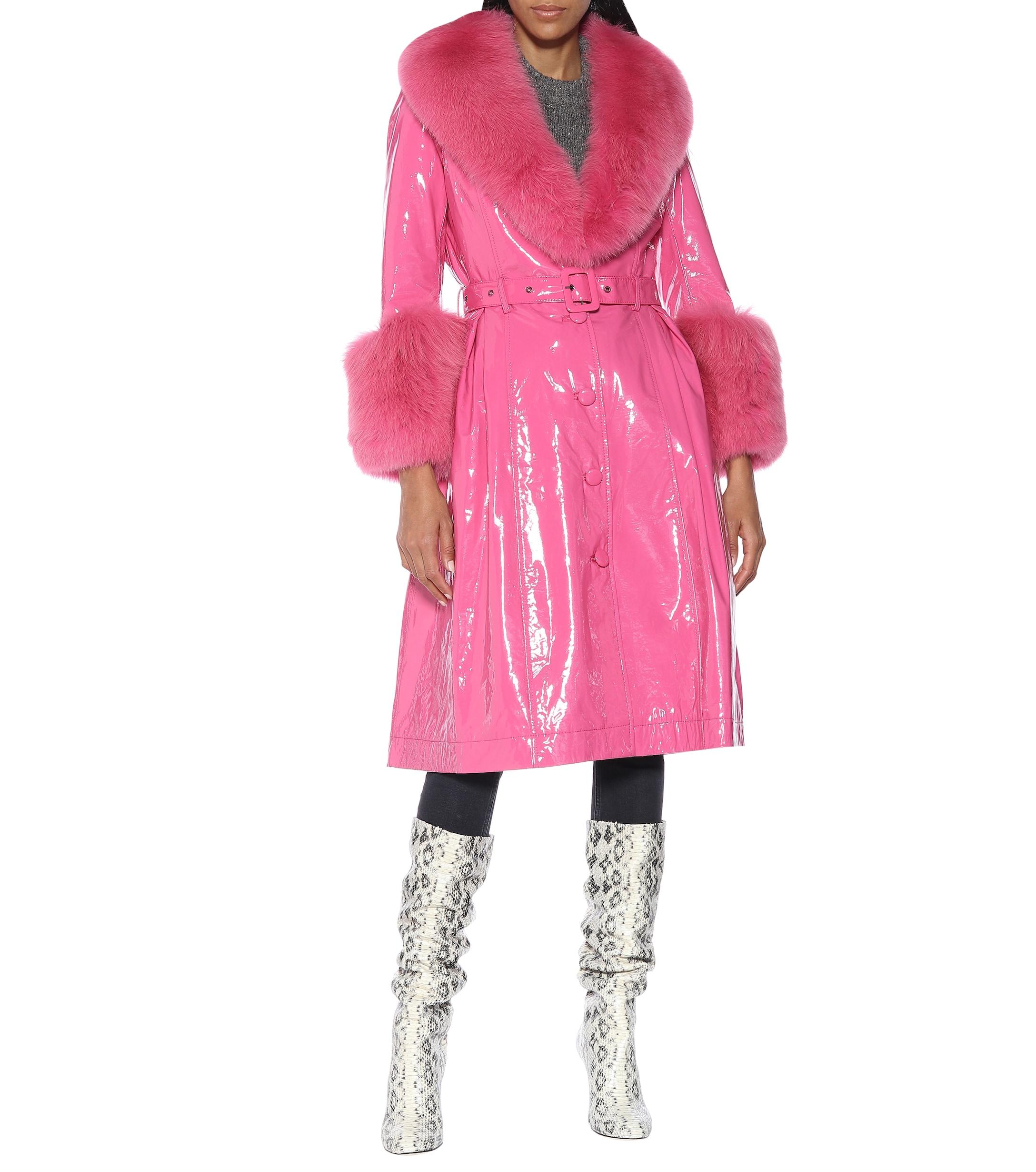 Saks Potts Long Belted Patent Leather Coat With Fox Fur Trimming in ...
