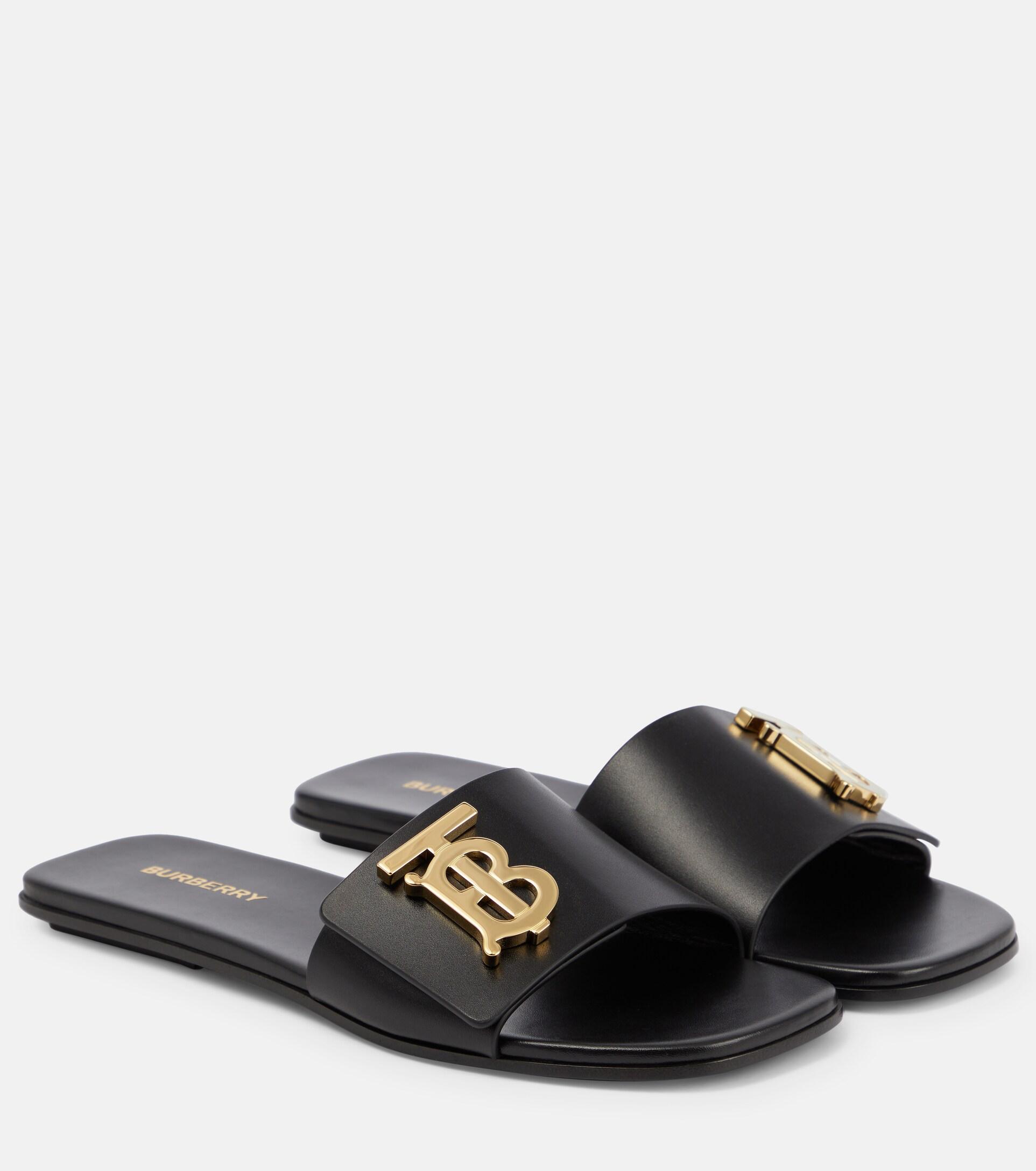 Burberry Tb Leather Sandals in Black | Lyst