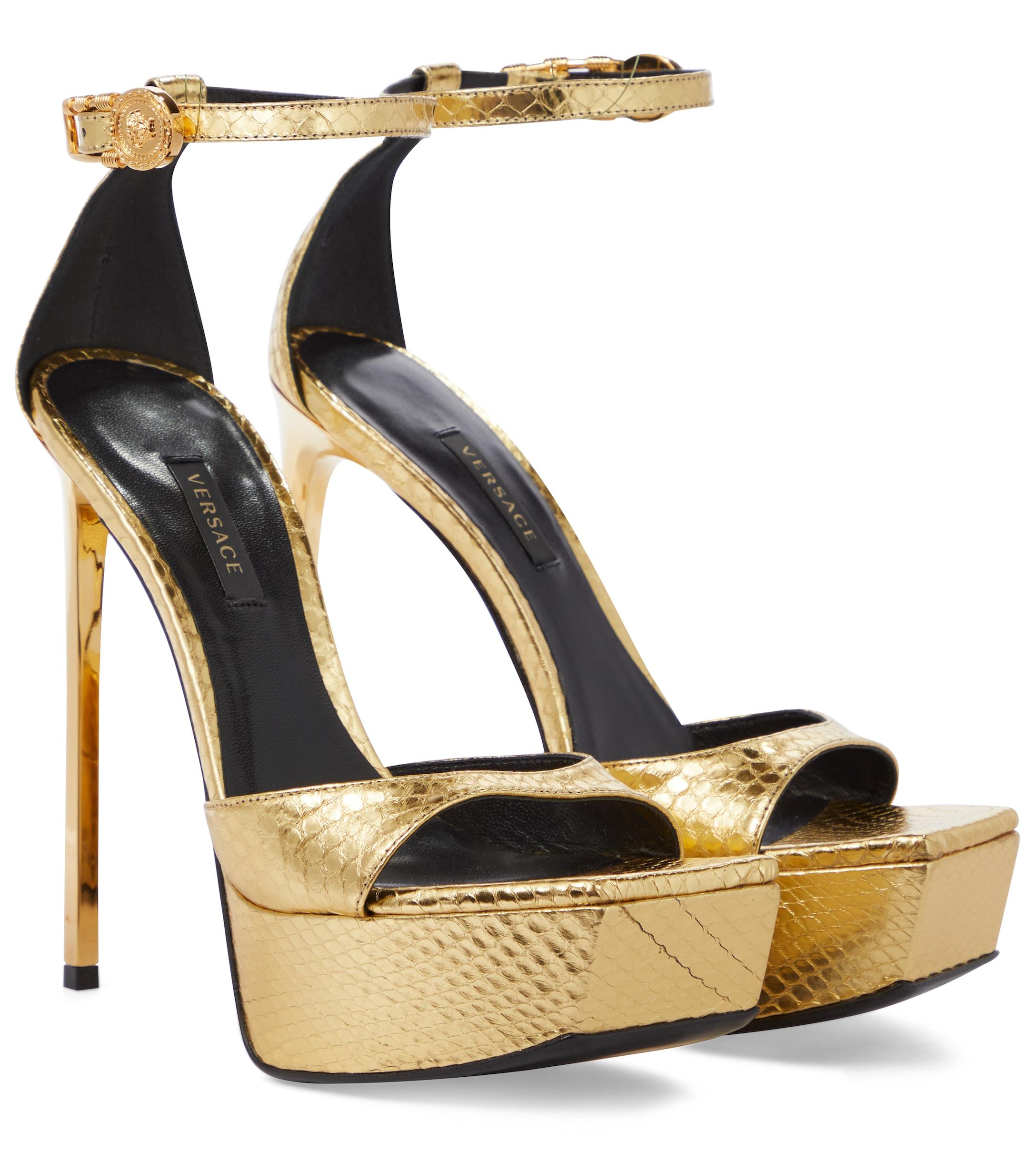 Versace Safety Pin Platform Leather Sandals in Metallic | Lyst