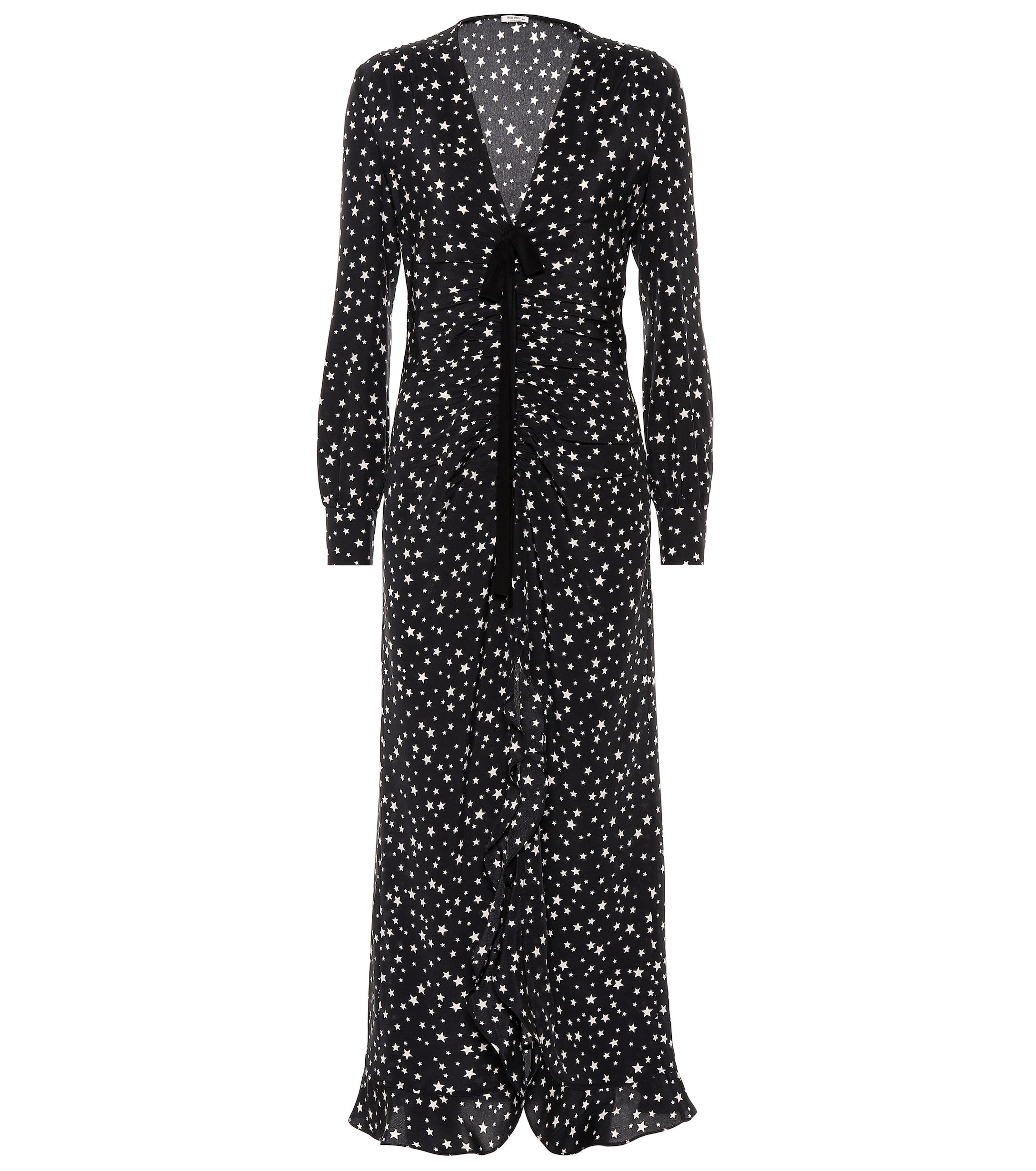 Miu Miu Star-print Ruffled-silk Midi Dress in Black - Save 60% - Lyst