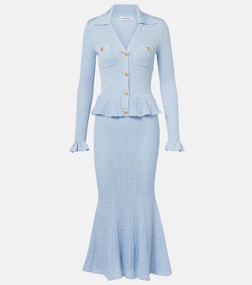 Self-Portrait Pointelle Peplum Midi Dress in Blue | Lyst Self-Portrait Pointelle Peplum Midi Dress in Blue | Lyst