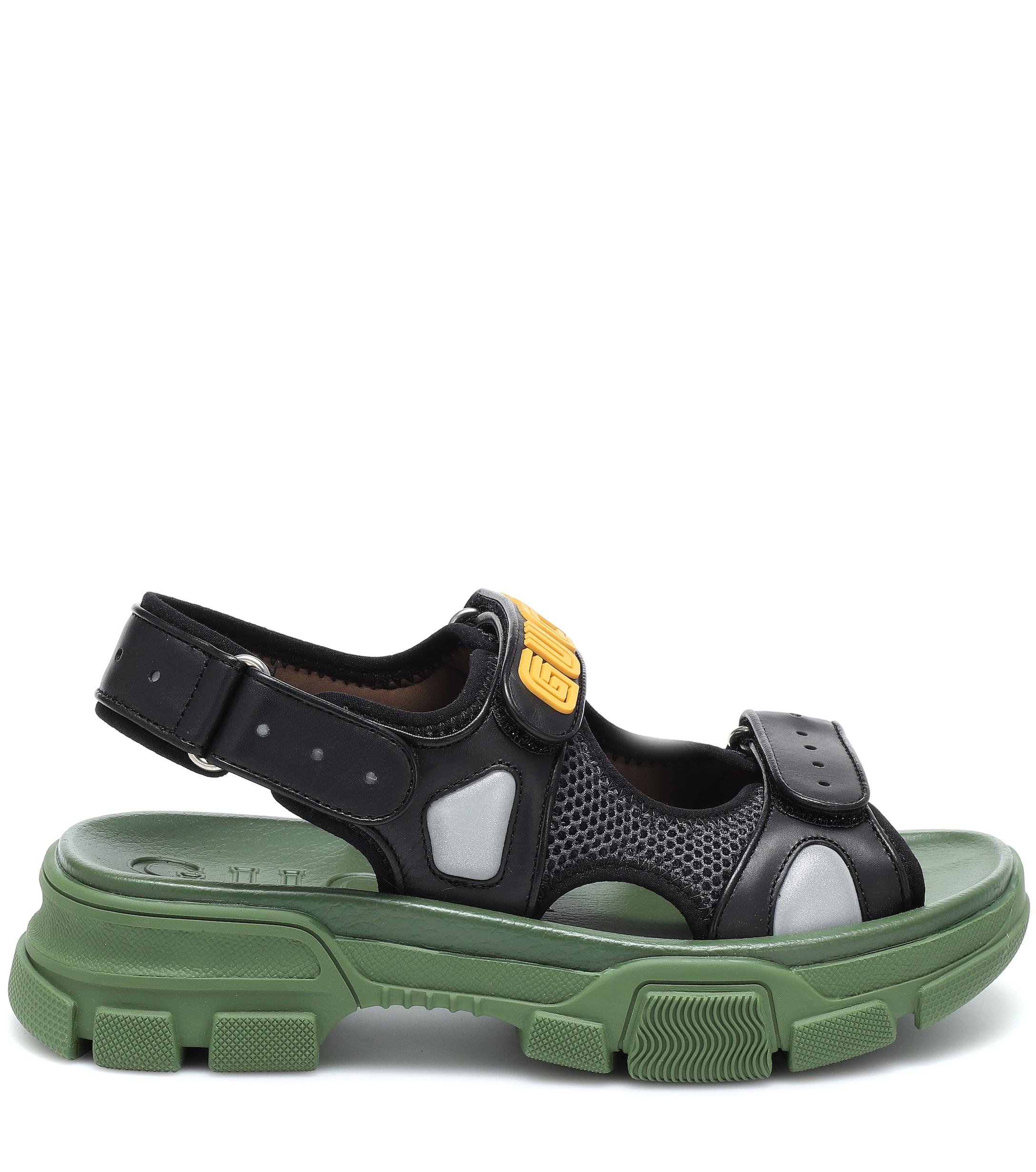 Gucci Black/Green Leather and Mesh Sega Sandals Size 44 Gucci