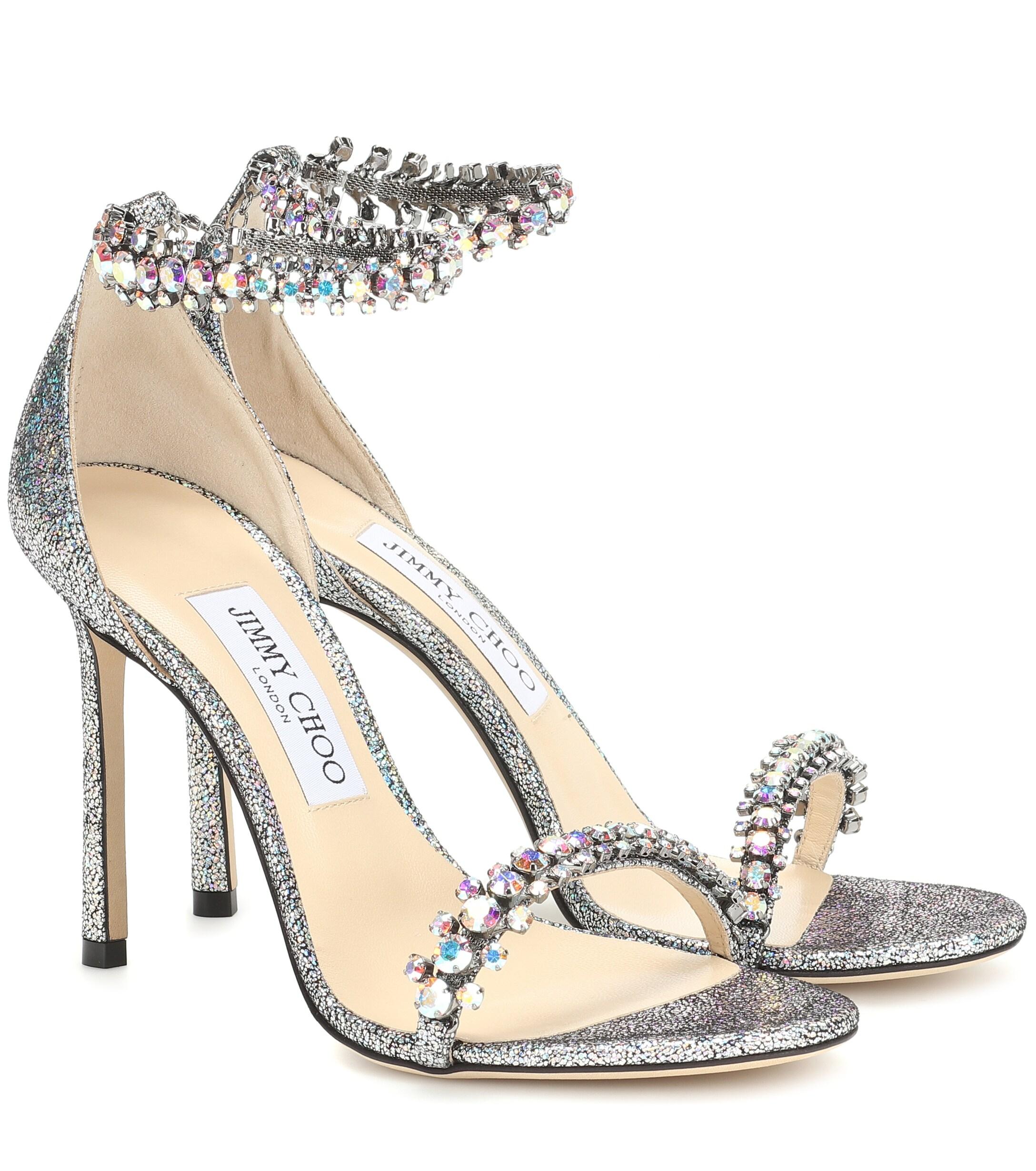 Jimmy Choo Shiloh 100 Embellished Glitter Sandals in Silver (Metallic ...