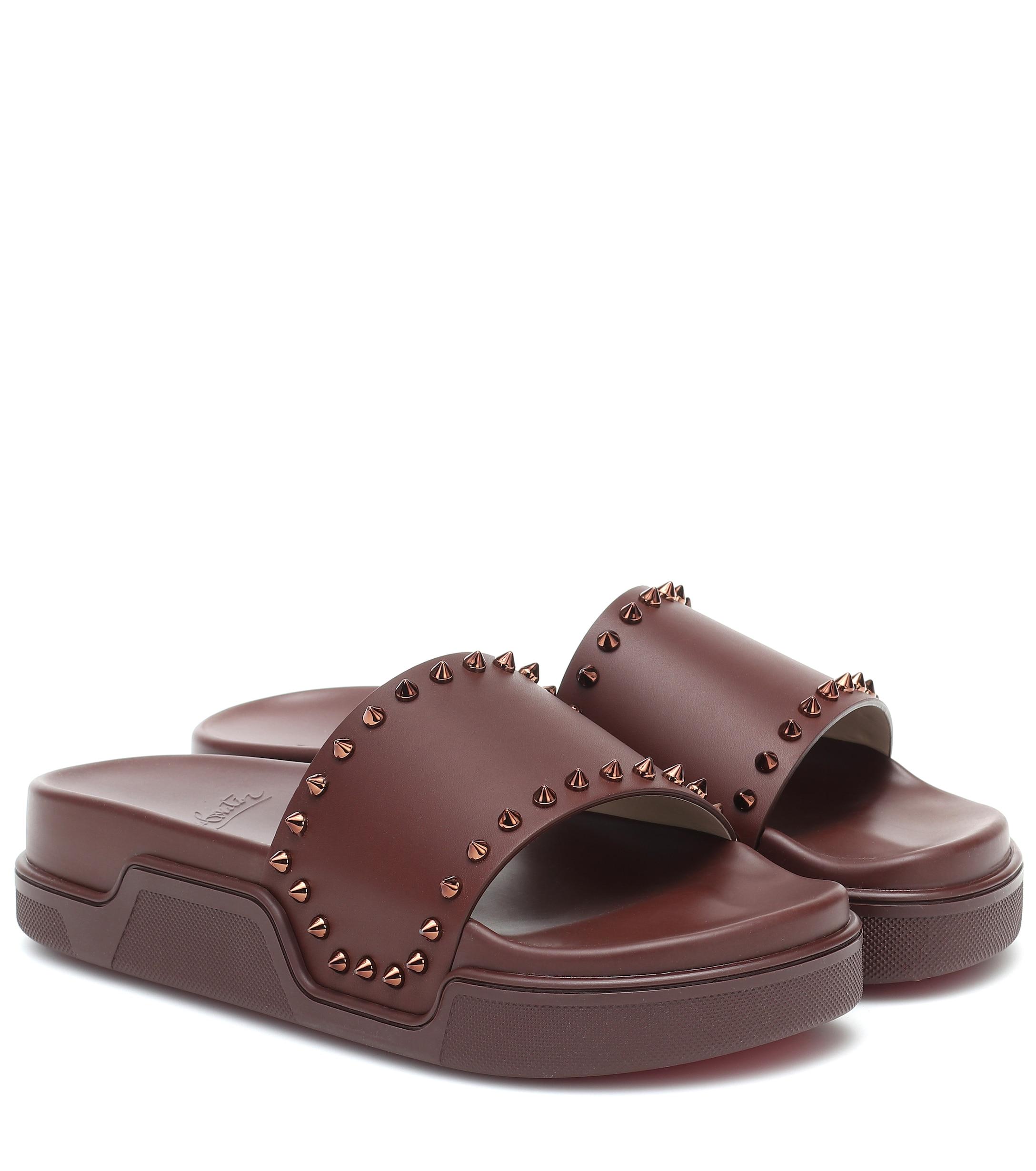 Christian Louboutin Pool Stud Leather Slides in Brown - Lyst