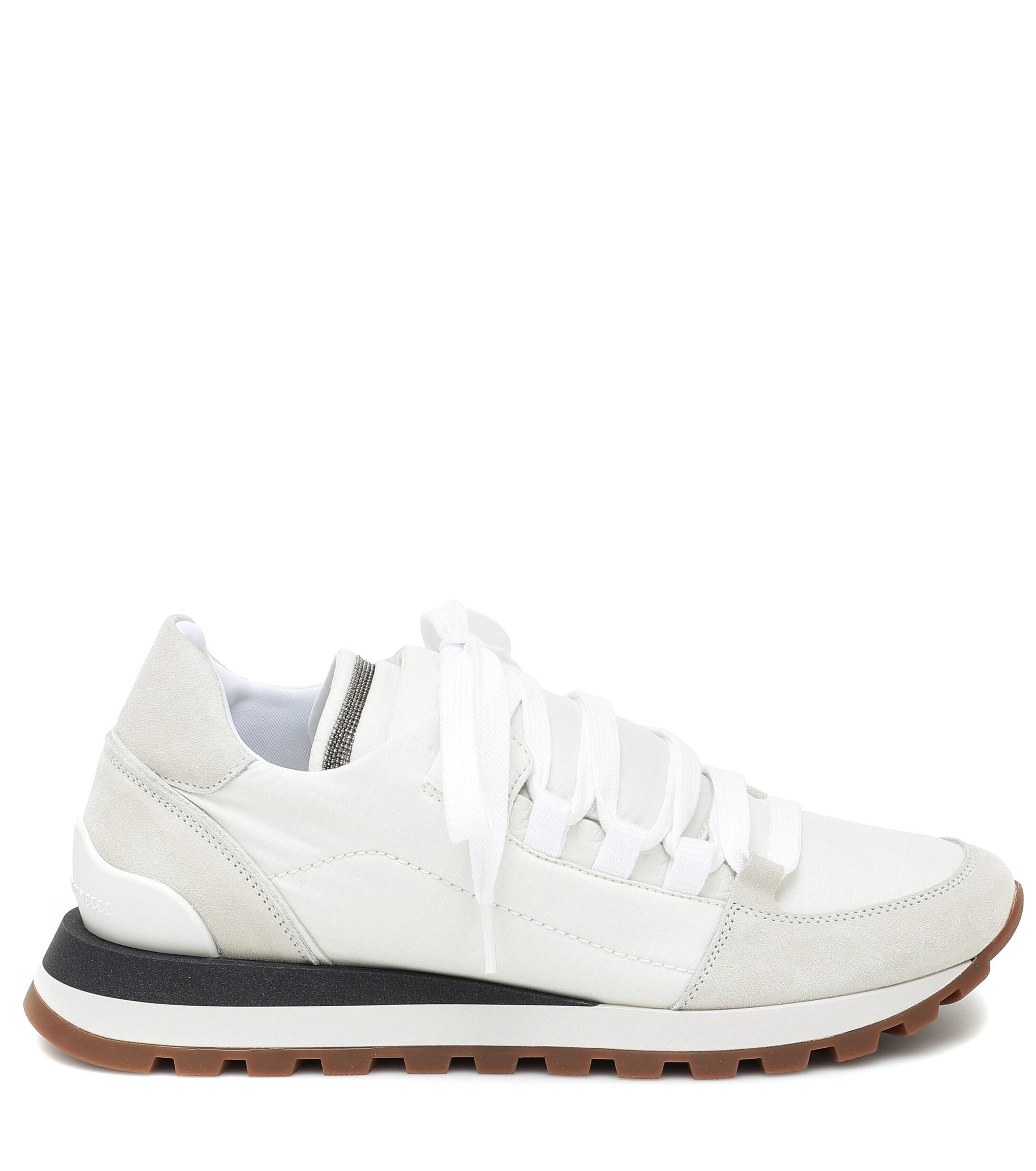 Brunello Cucinelli Suede Embellished Leather Sneakers in White - Lyst