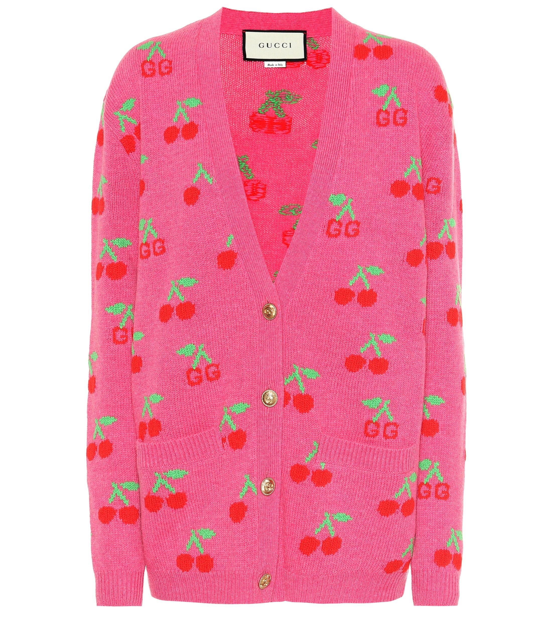 Gucci Gg Cherry Jacquard Wool Cardigan In Pink Lyst 