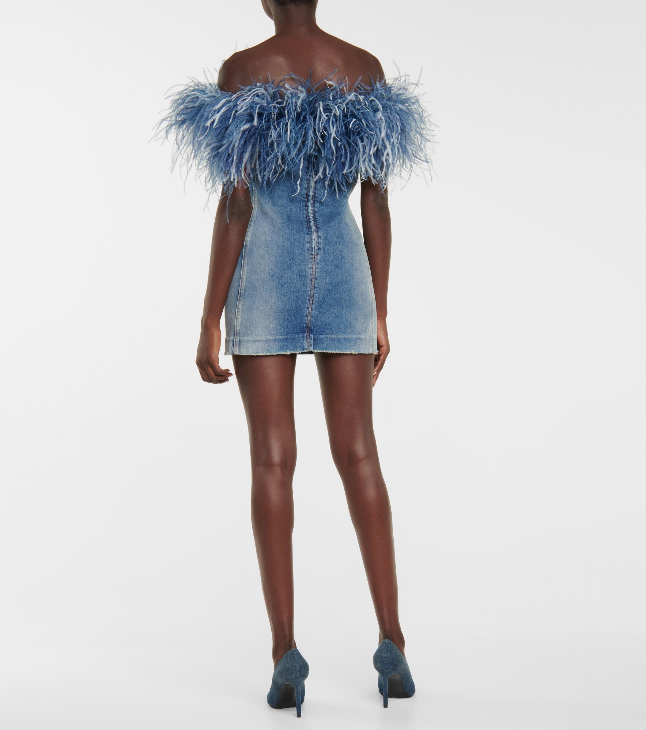 Saint Laurent Feather-trimmed Denim Minidress in Blue | Lyst