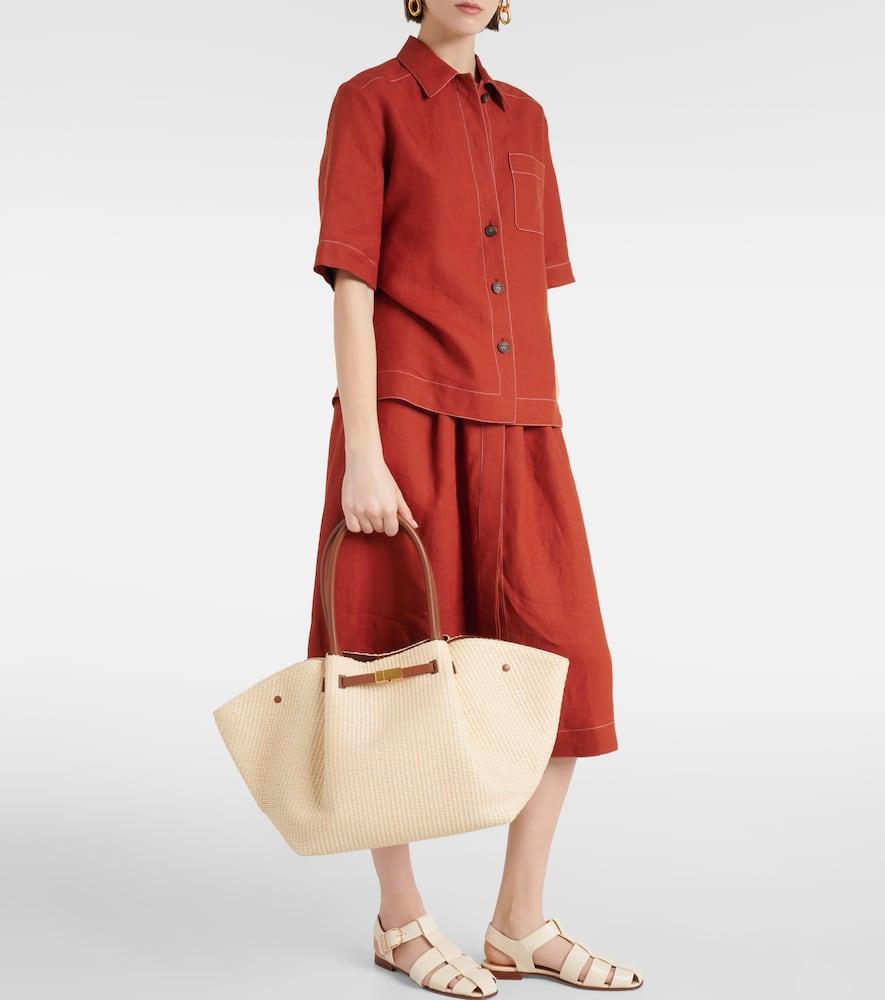 【DEMELLIER】New York leather-trimmed raffia tote bag DEMELLIER New York Midi leather-trimmed raffia tote | NET-A