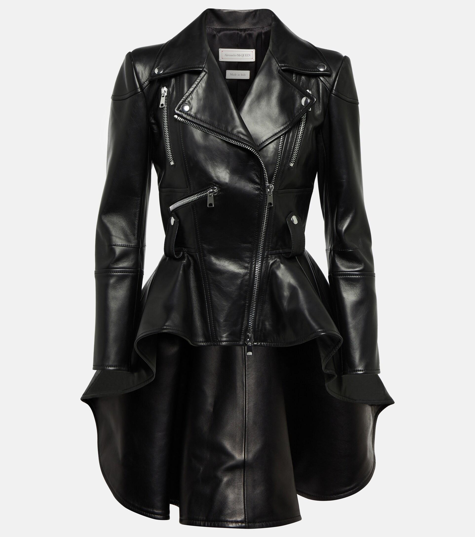 Alexander McQueen Peplum Leather Biker Jacket in Black | Lyst