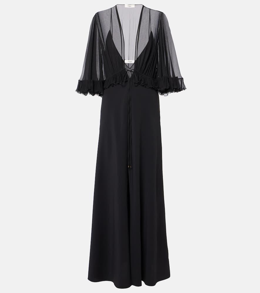 silk blend crepe maxi dress by chloe Mousseline and silk-blend crepe maxi dress - black