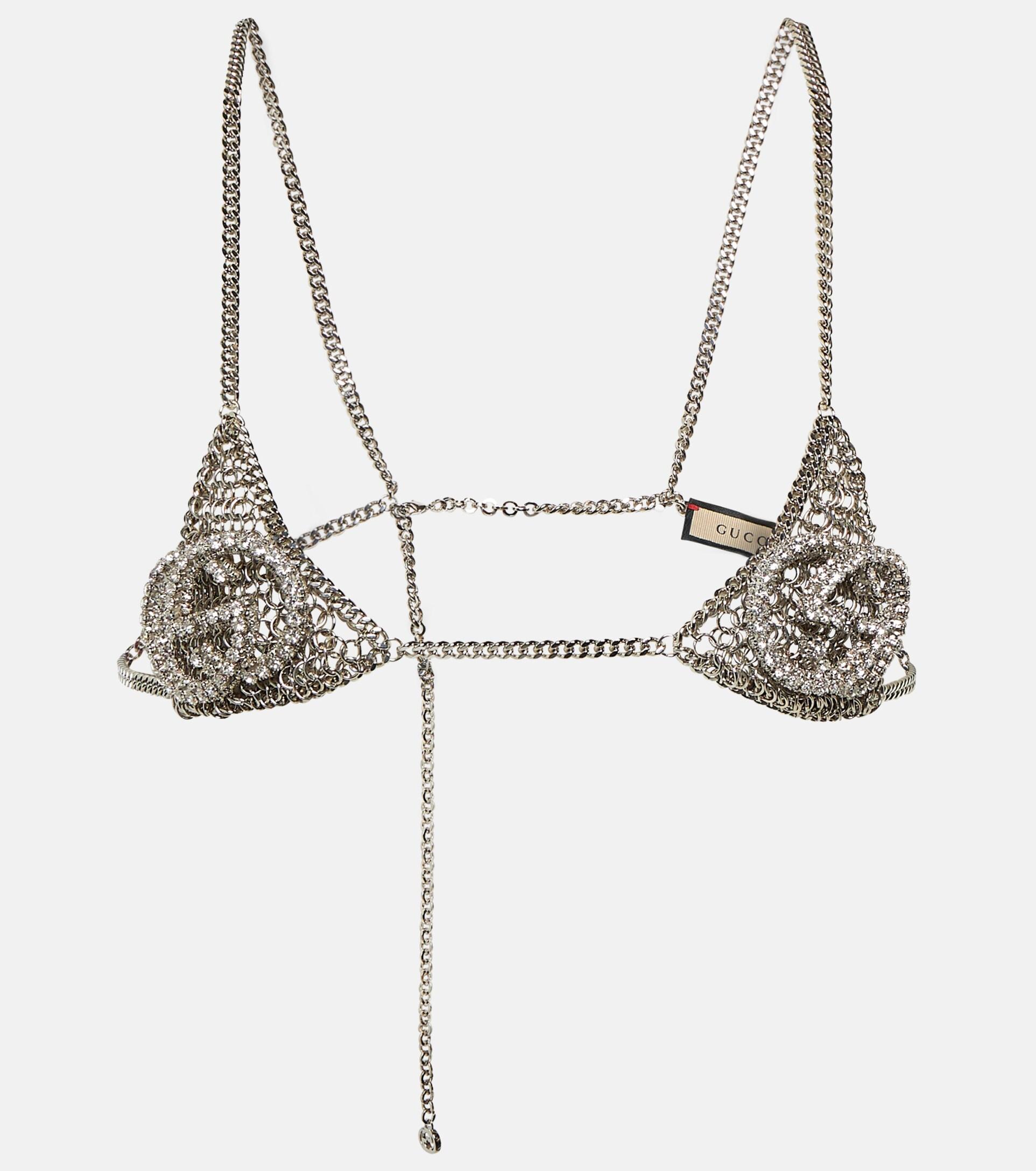 Gucci Interlocking G Embellished Chain Bra in Metallic Lyst