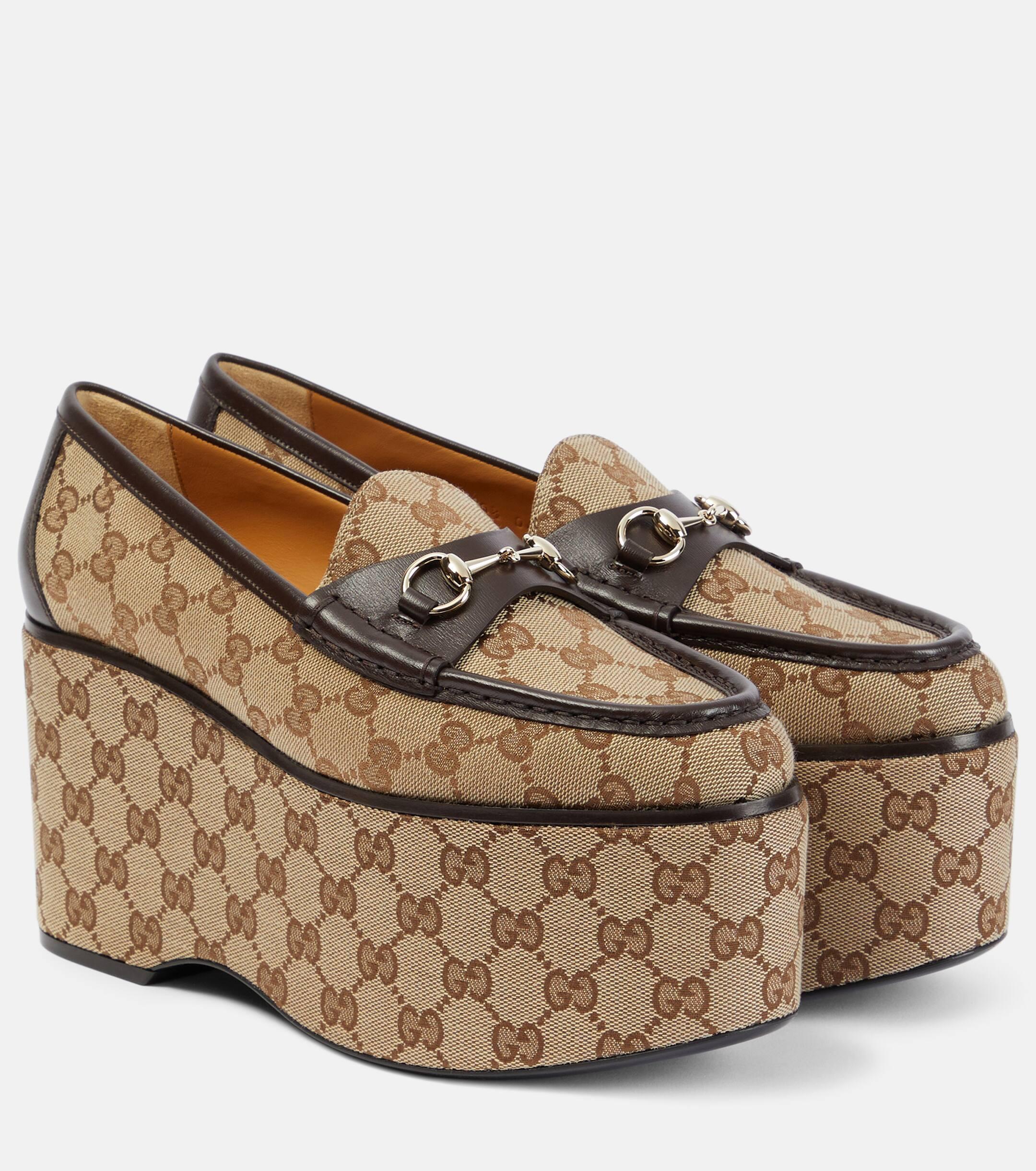 Gucci Women\u0026#180;s Brown Horsebit Gg Canvas Platform Loafers heels - heels