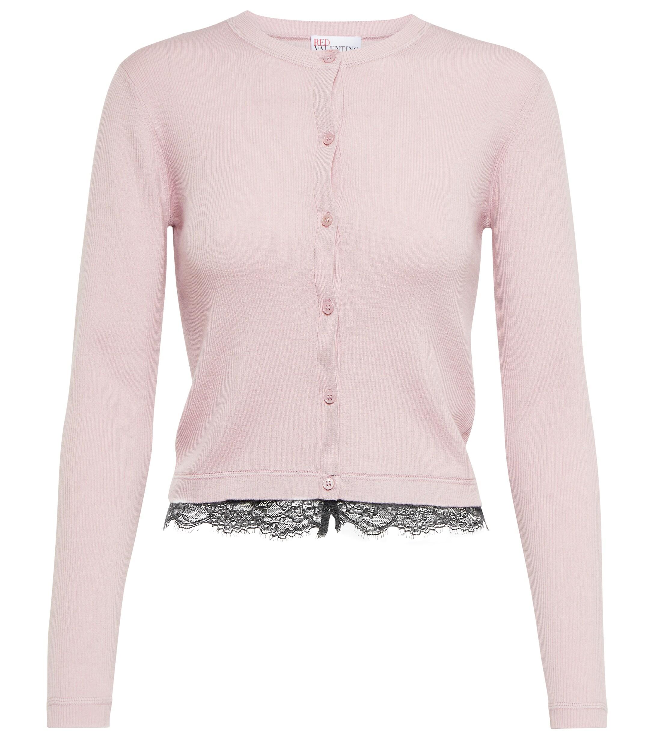 RED Valentino Lace-trimmed Ribbed-knit Cardigan in Pink