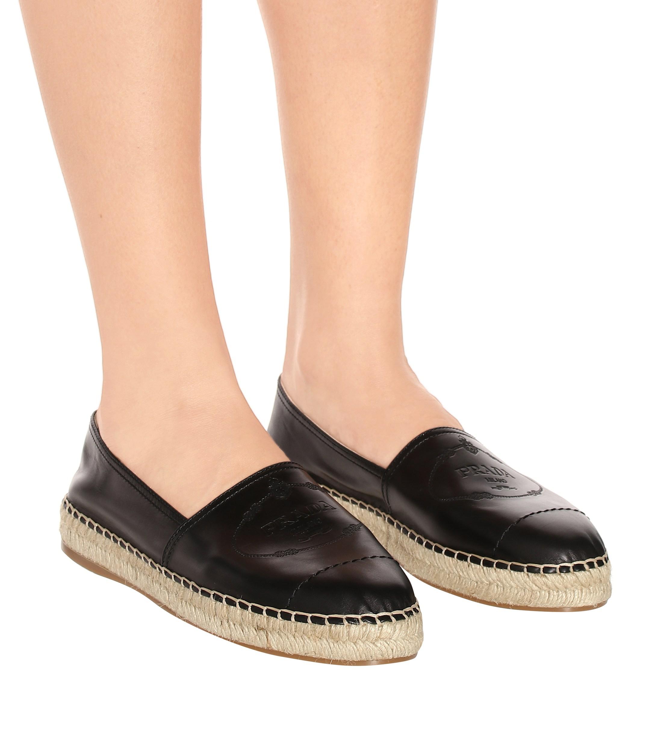 Prada Logo-embossed Leather Espadrilles in Black | Lyst