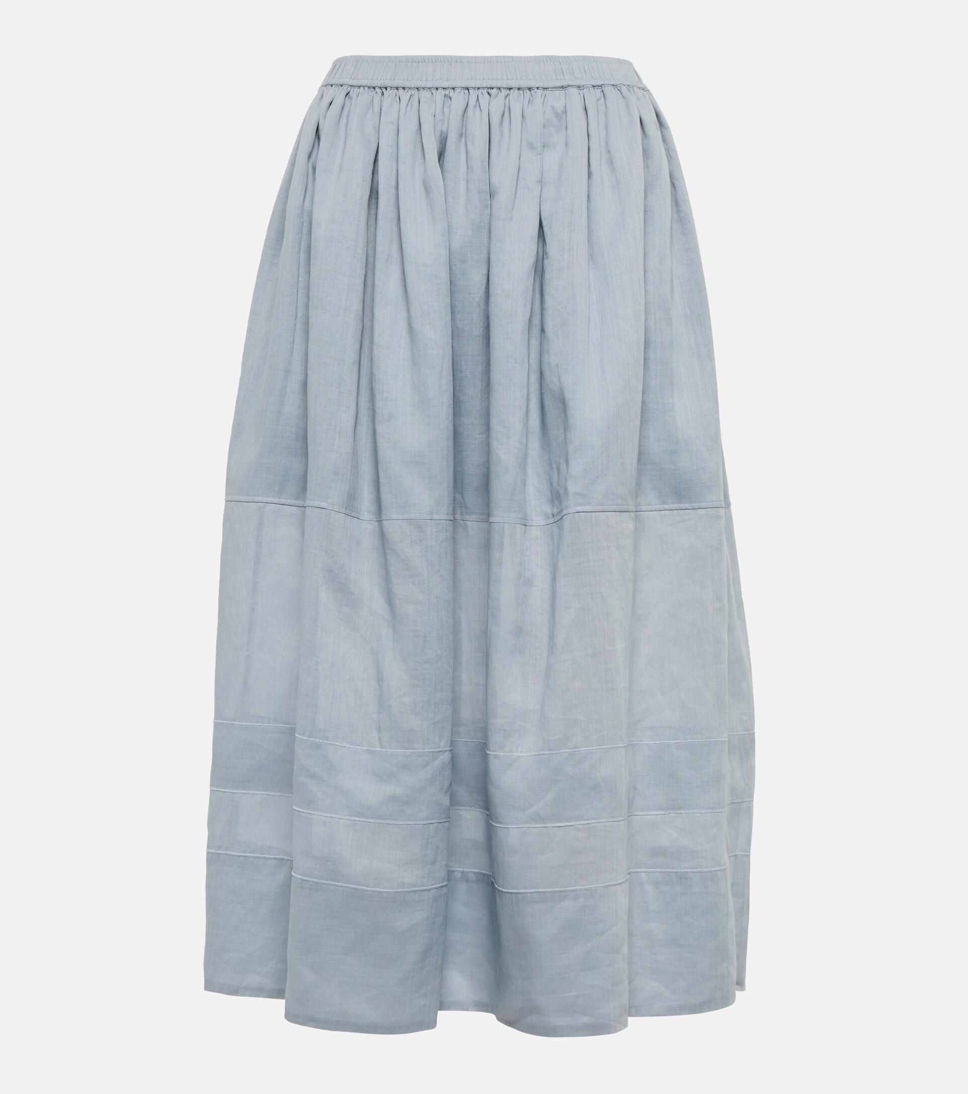 JOSEPH Pleated Ramie Midi Skirt in Blue | Lyst