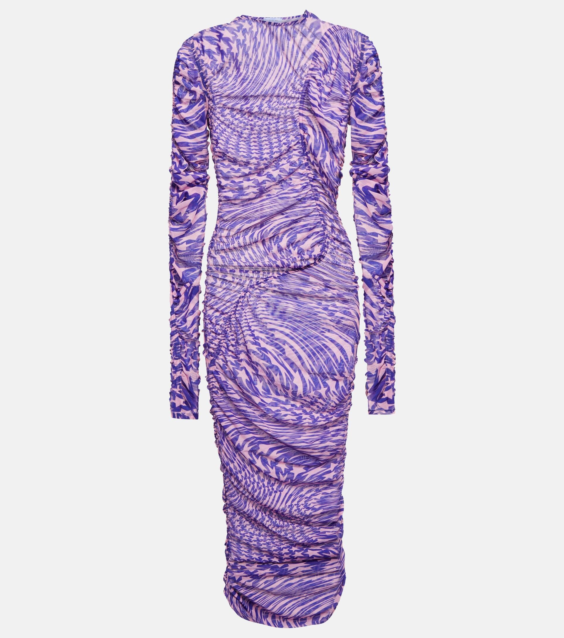 Mugler Ruched Mesh Midi Dress in Purple | Lyst