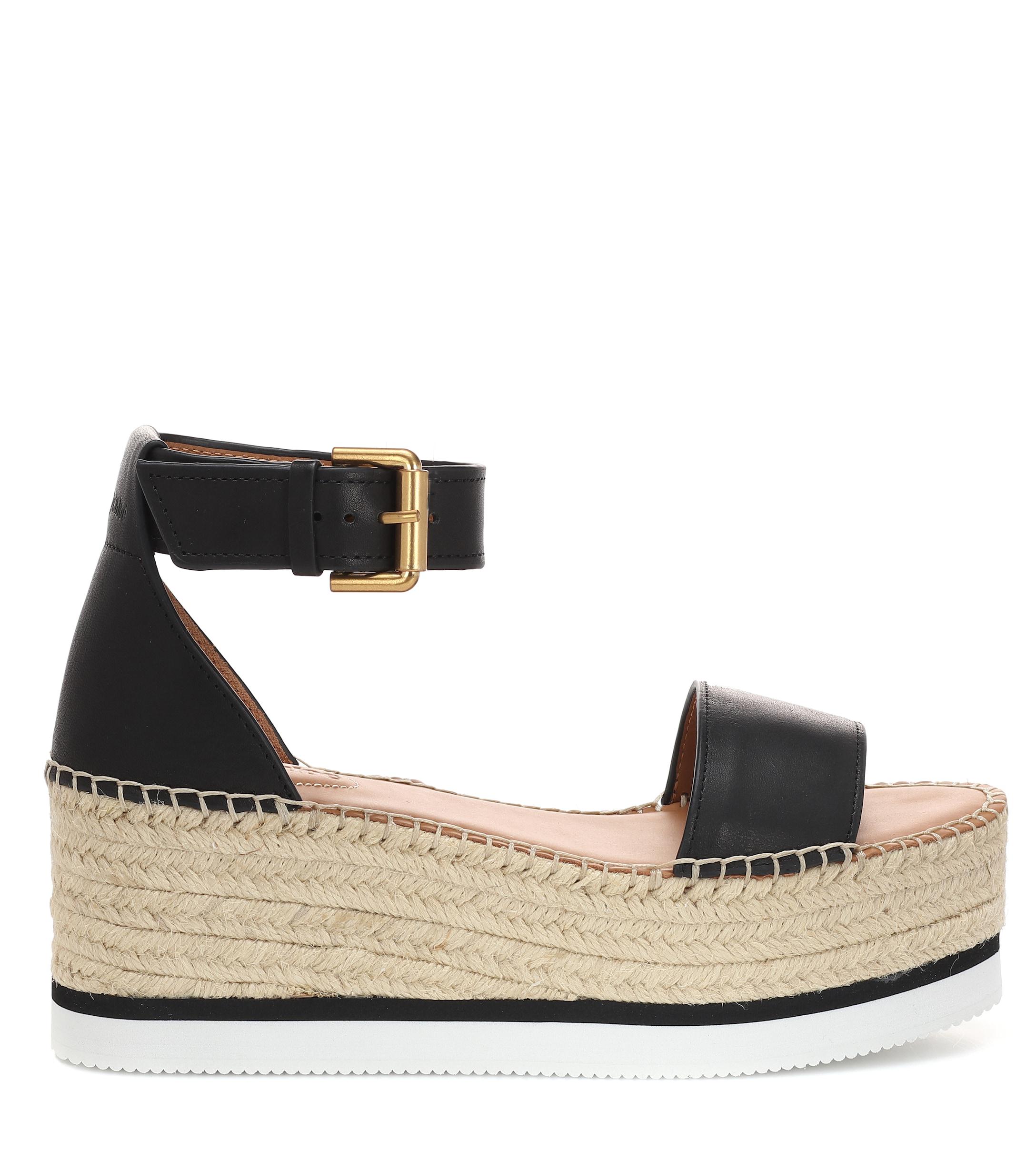 See By Chloé Glyn Leather Espadrille Mid Wedge Sandals in Black | Lyst