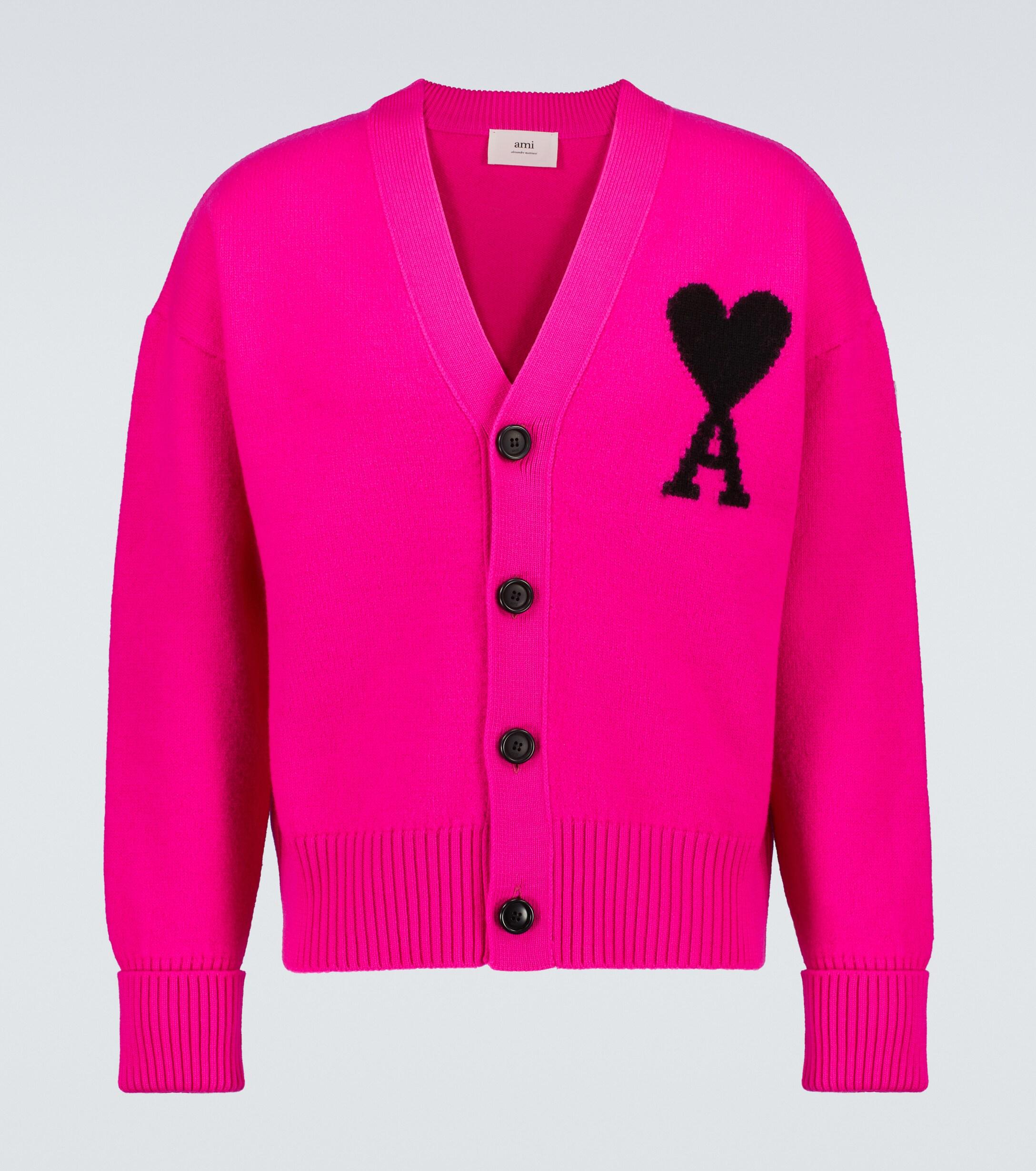 Ami Paris Ami De Coeur Virgin Wool Cardigan in Pink for Men | Lyst