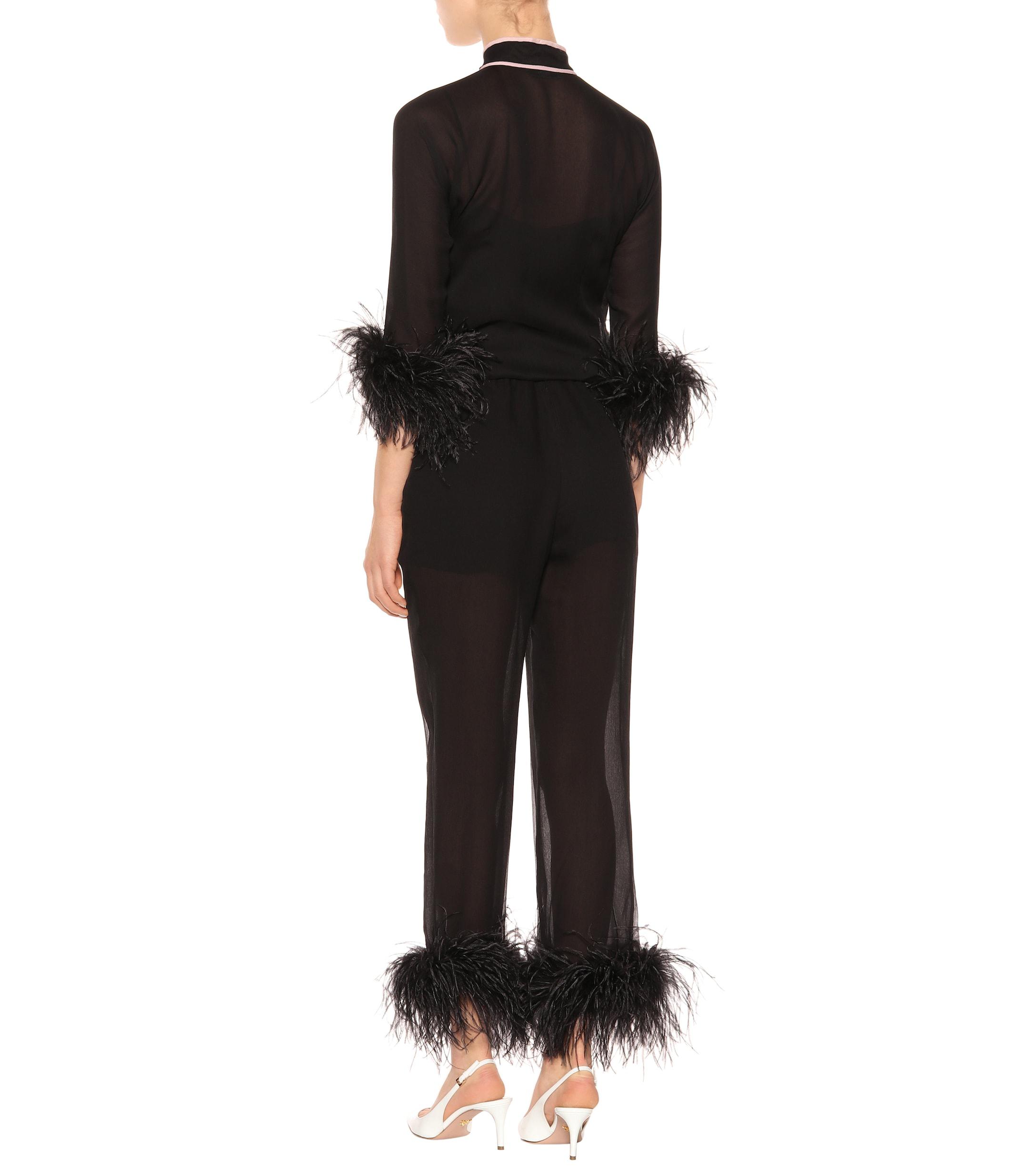 Prada Feather-trimmed Silk Trousers in Black | Lyst
