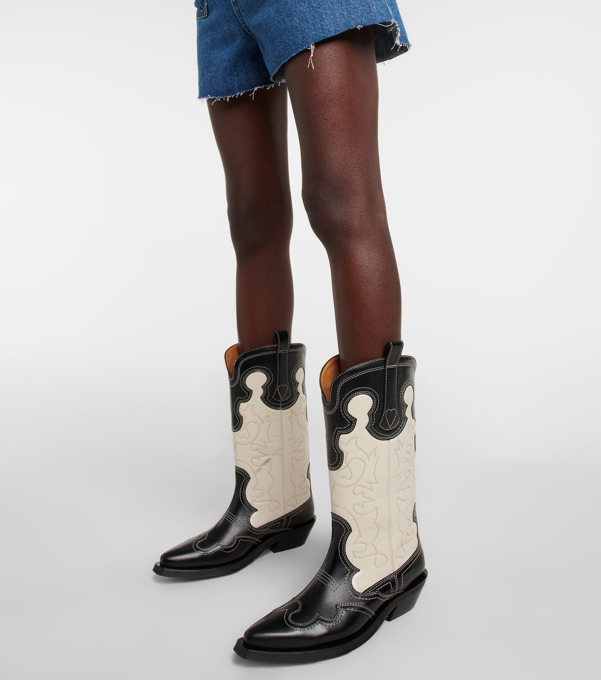 Ganni Leather Cowboy Boots in Black | Lyst