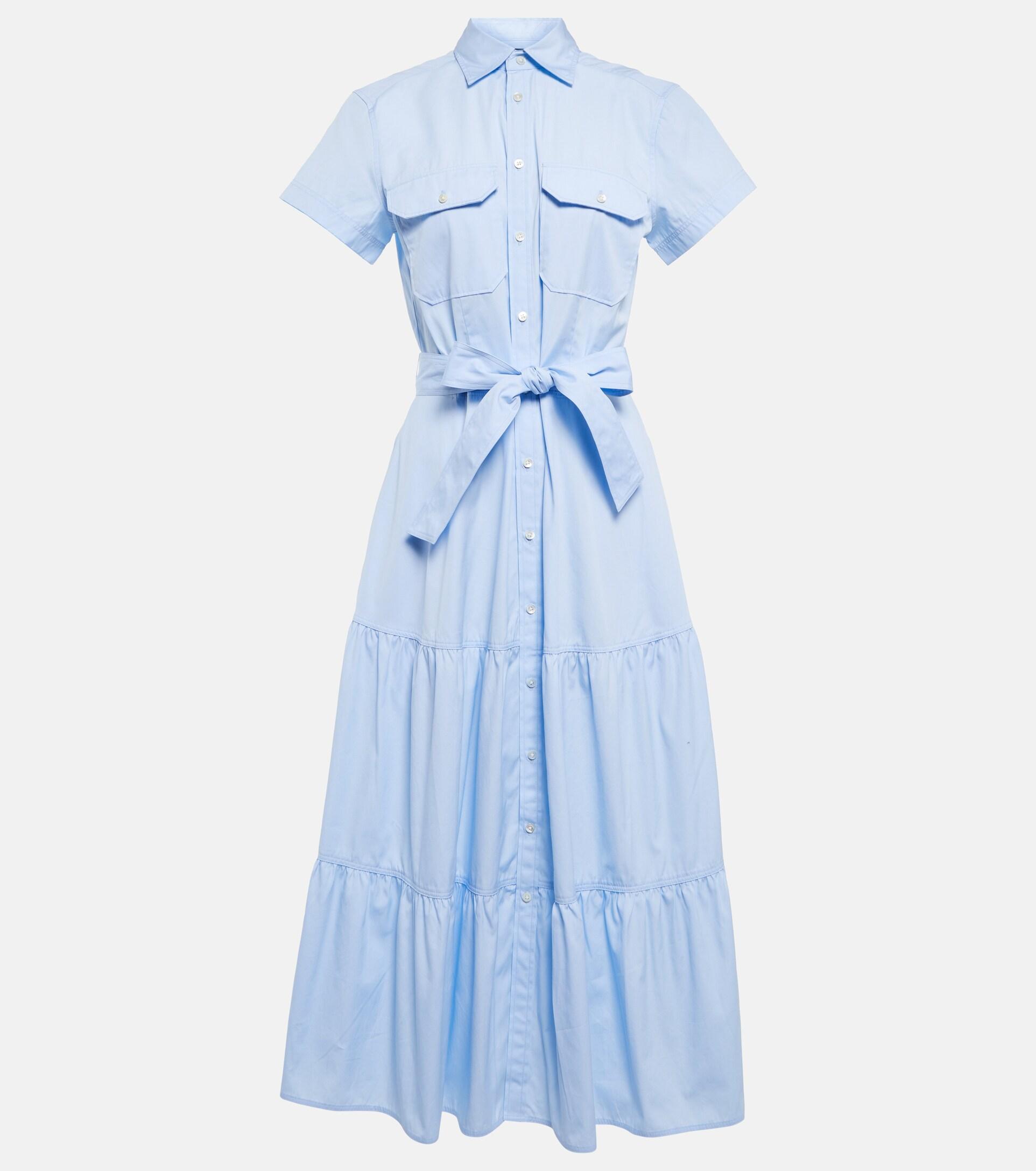 Polo Ralph Lauren Tiered Cotton-poplin Midi Dress in Blue | Lyst