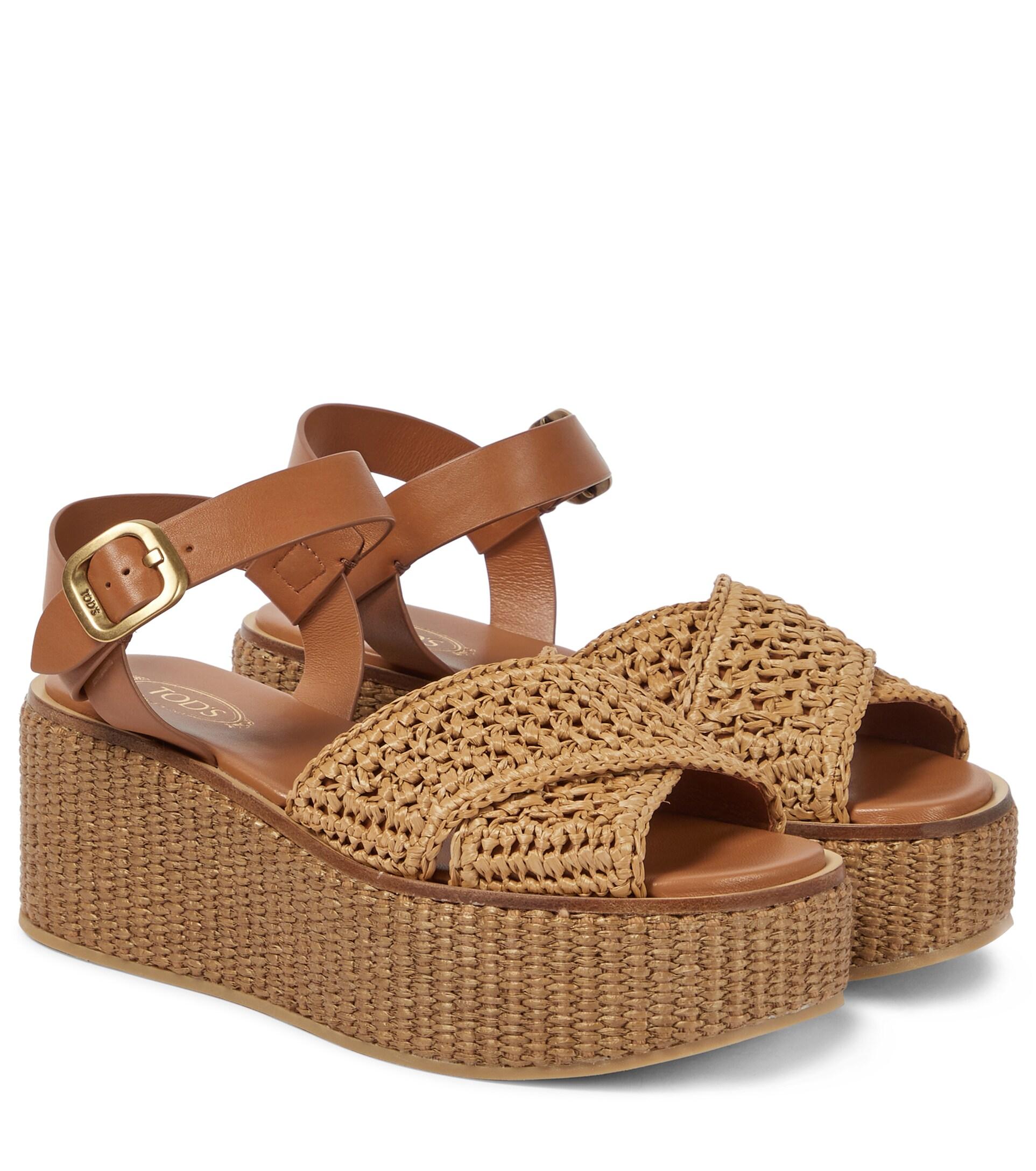 Tod's Raffia And Leather Platform Sandals in Brown | Lyst
