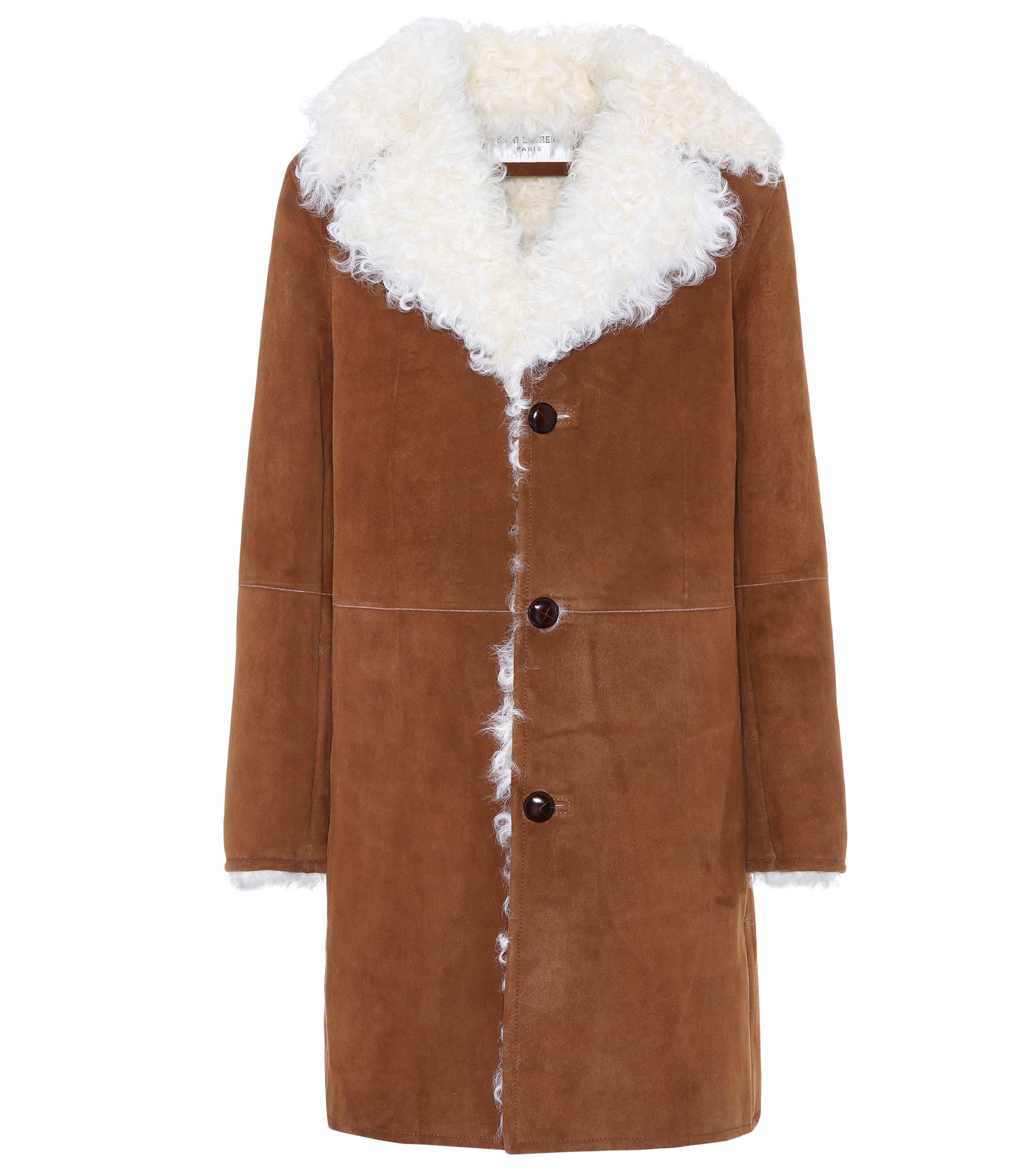 Saint Laurent Fur-lined Suede Coat in Brown - Lyst