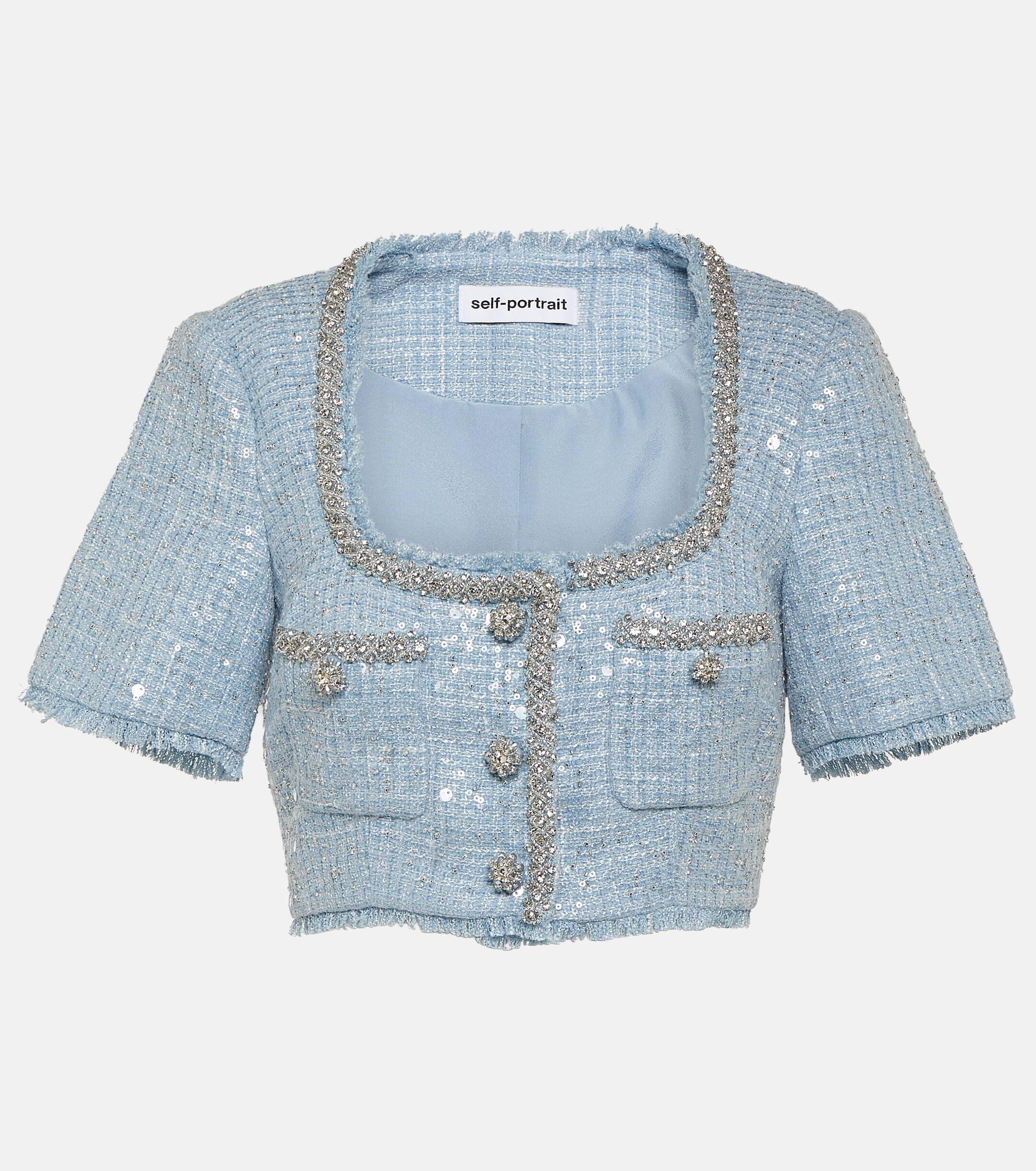 Self-Portrait Women´s Blue Sequined Boucle Crop Top tops - tops 