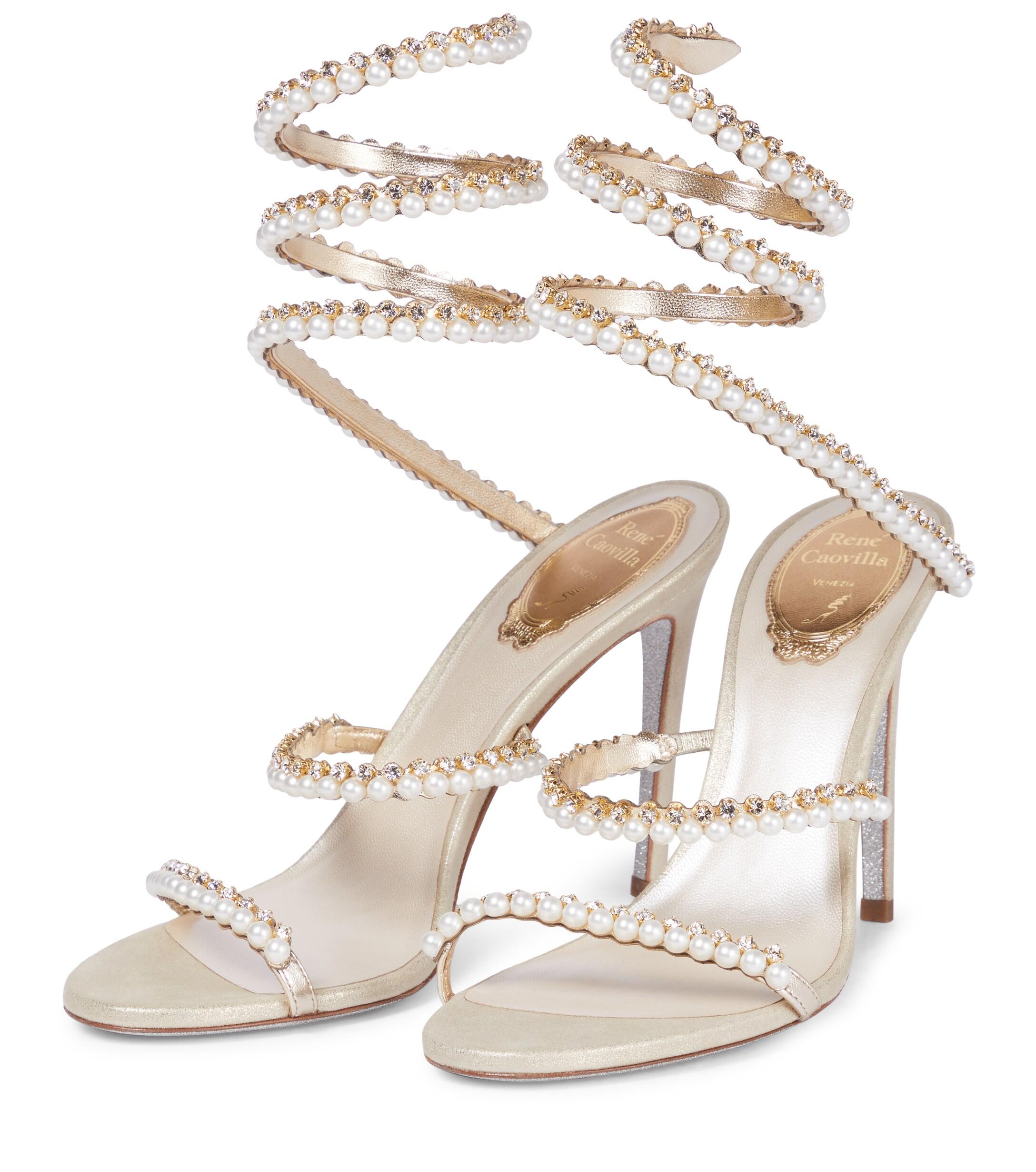 Rene Caovilla Cleo Faux Pearl-embellished Leather Sandals in Metallic | Lyst