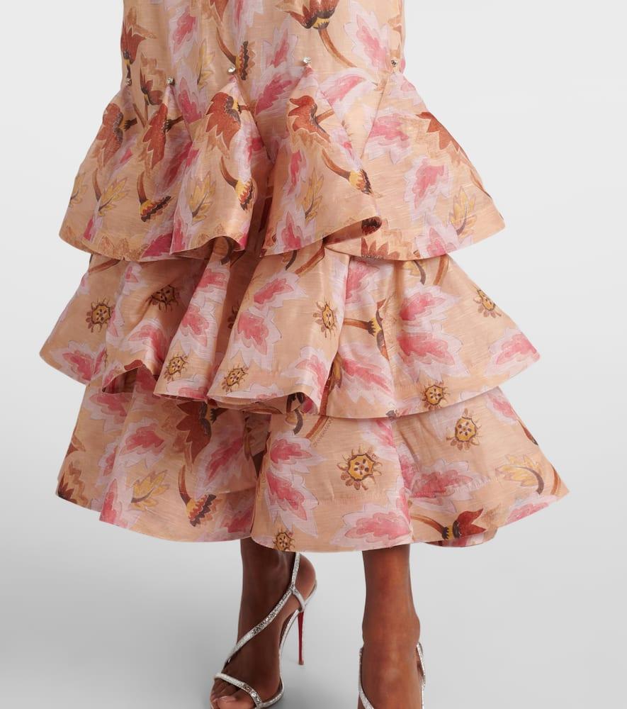 【Zimmermann】Tiered linen and silk maxi dress Zimmermann Tiered Linen And Silk Maxi Dress in Pink | Lyst