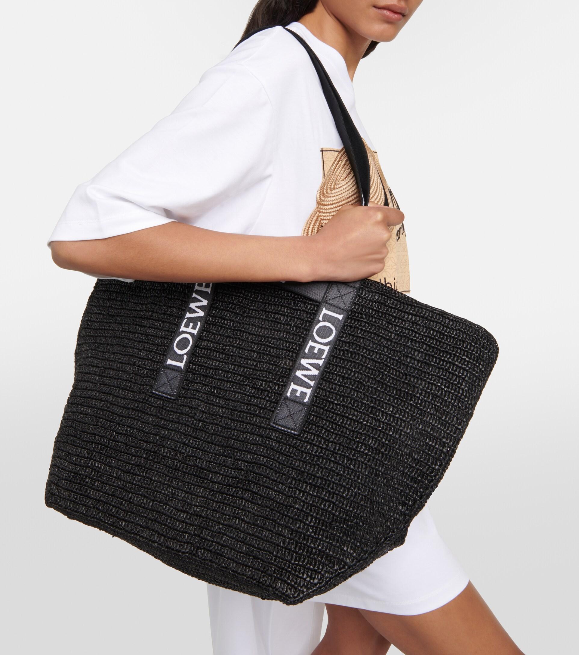 Loewe Paula's Ibiza Fold Shopper Raffia Tote Bag in Black