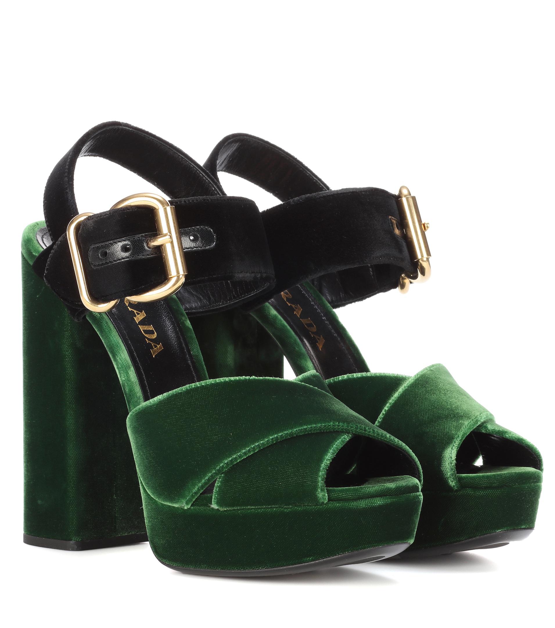 Prada Velvet Platform Sandals in Green | Lyst